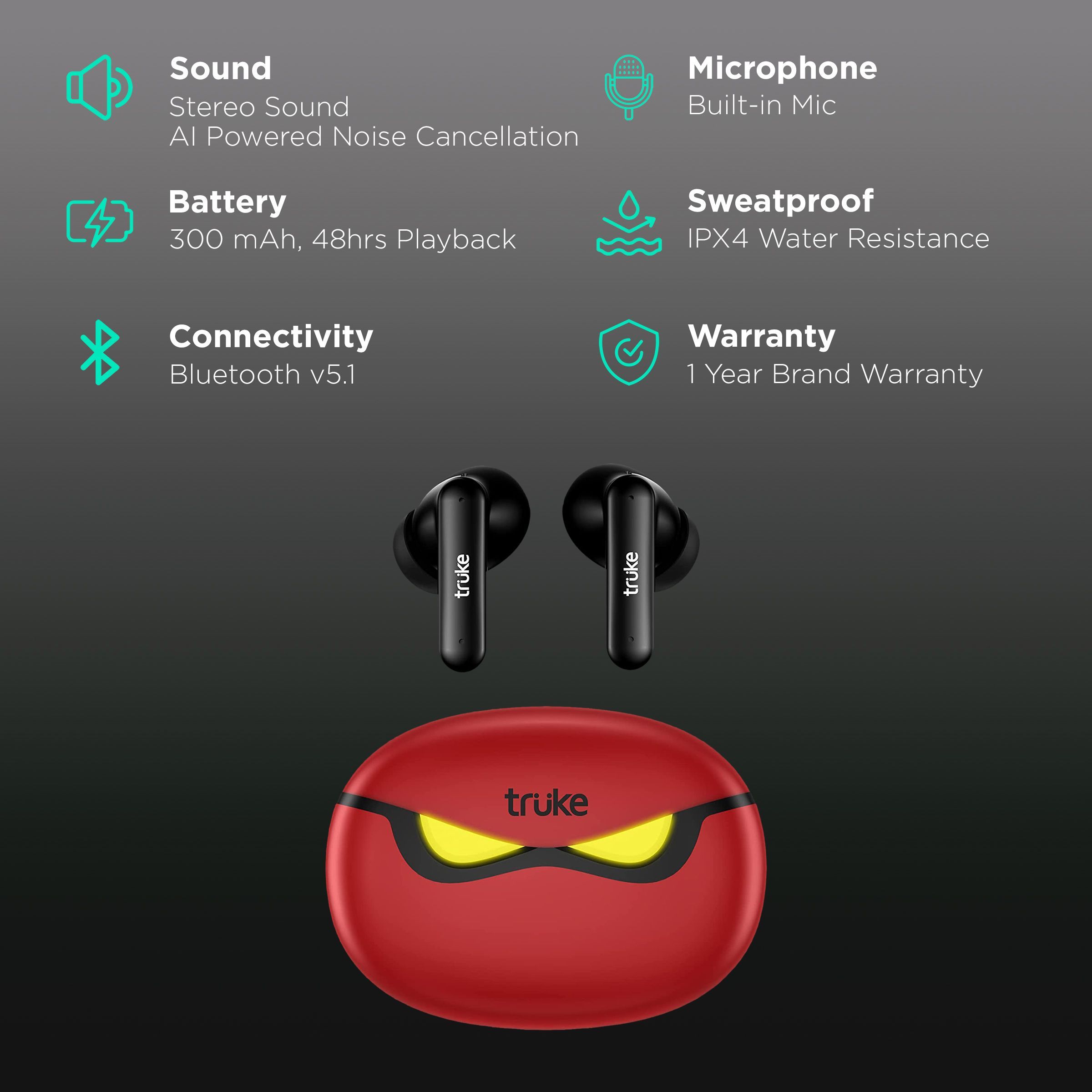truke BTG 3 E222 TWS Earbuds with AI Noise Cancellation (IPX4 Sweat & Water Resistant, 48 Hours Playback, Red)_2