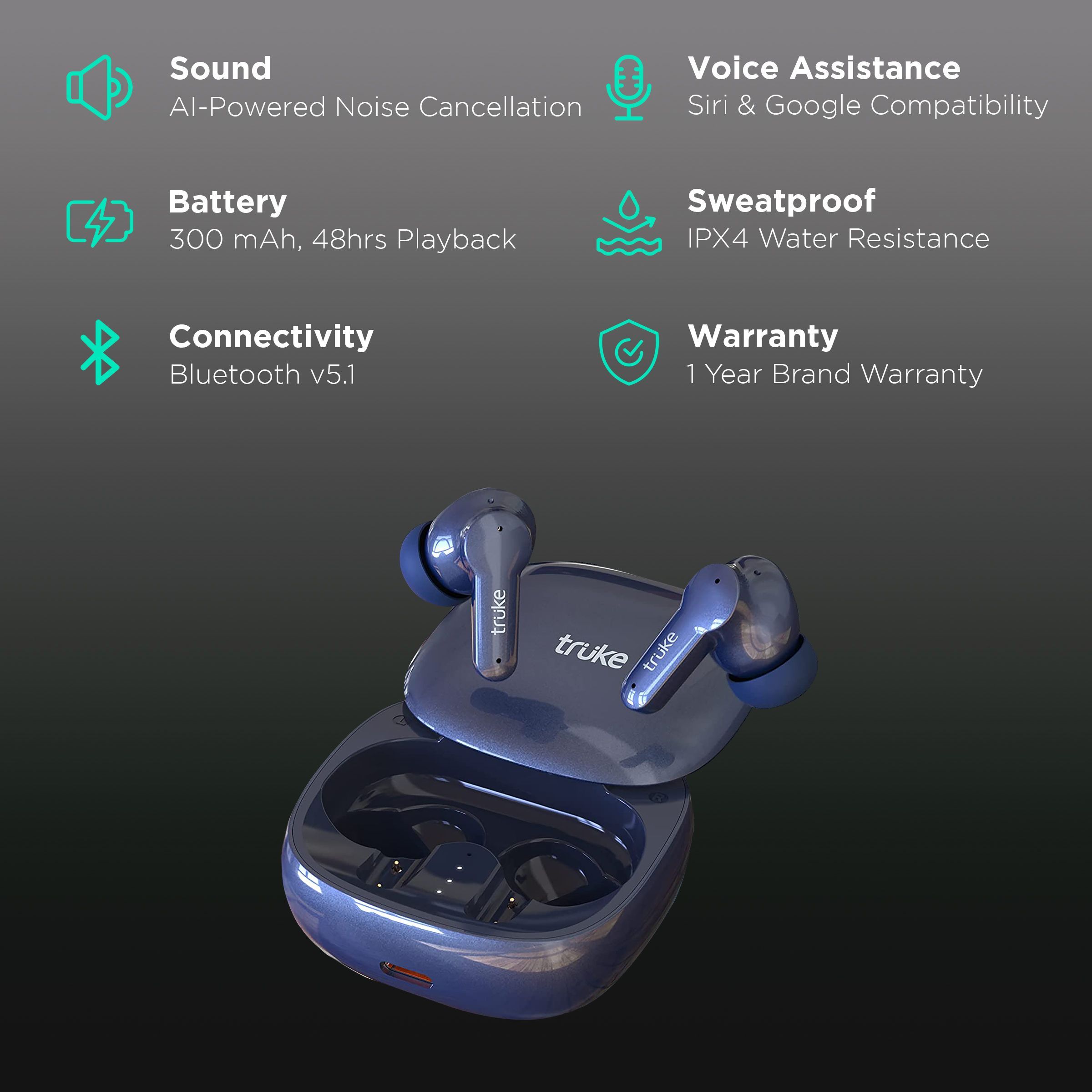 truke Buds S2 E213 TWS Earbuds with AI Noise Cancellation (IPX4 Water Resistant, 48 Hours Playback, Blue)_2