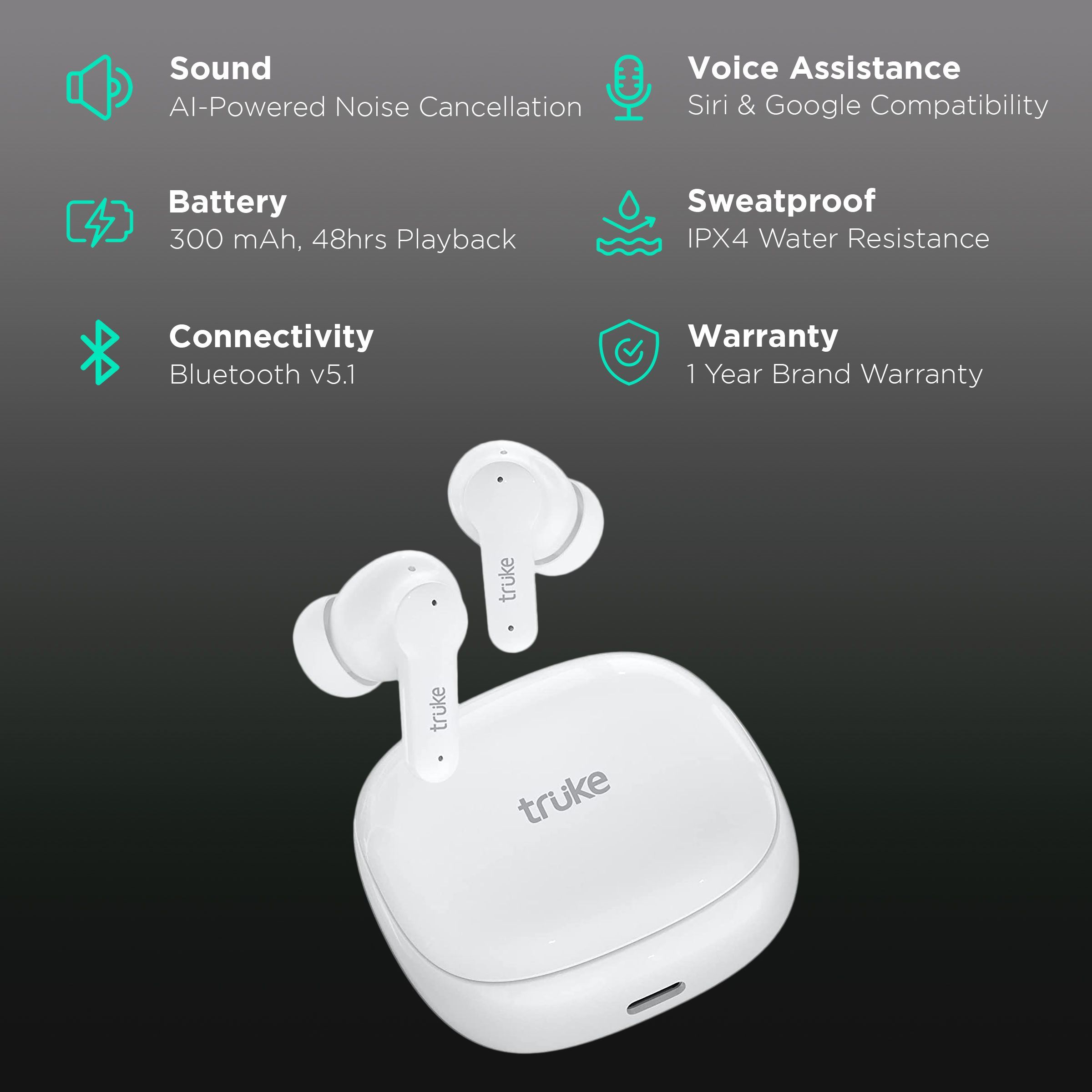 truke Buds S2 E213 TWS Earbuds with AI Noise Cancellation (IPX4 Water Resistant, 48 Hours Playback, White)_2