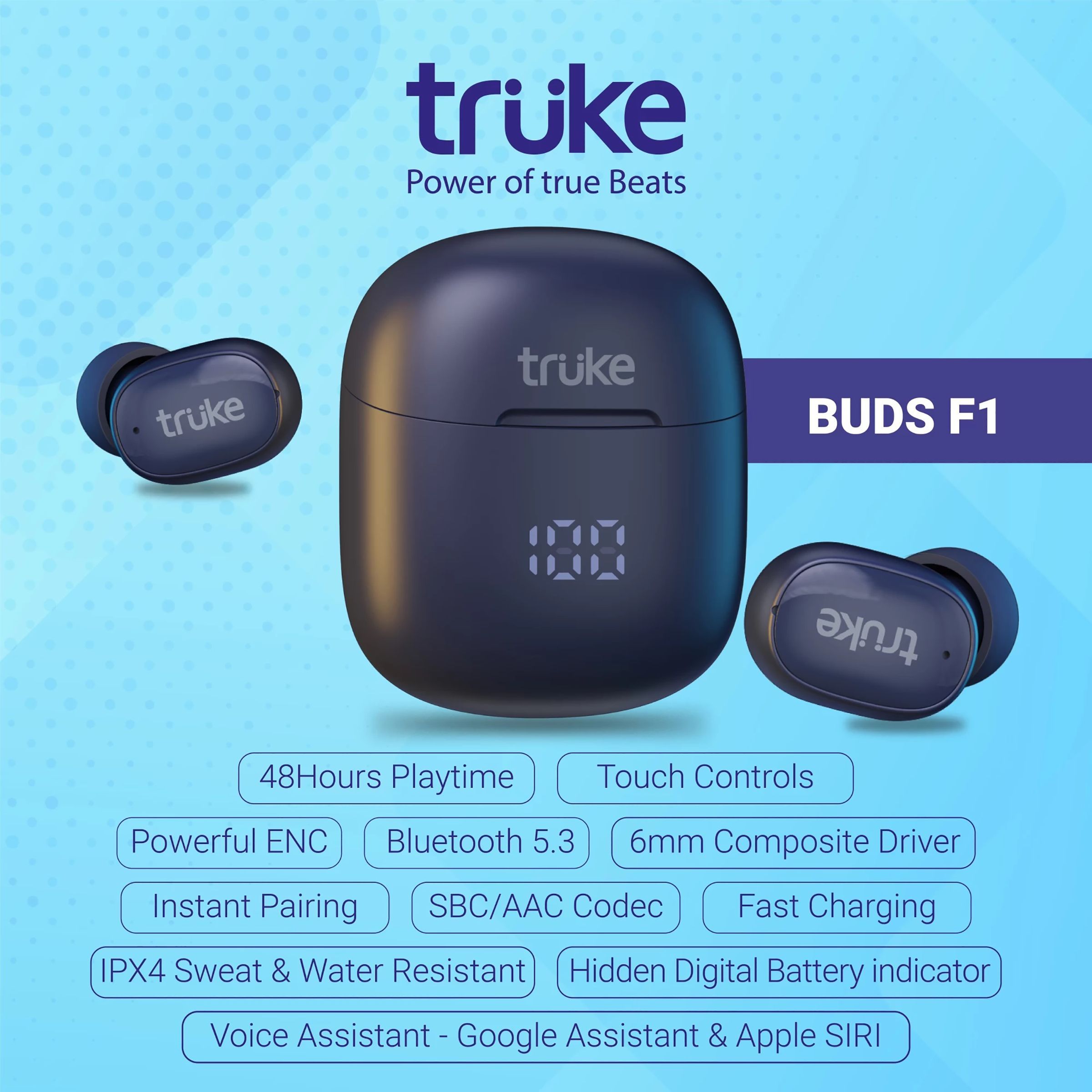 truke Buds F1 B130 TWS Earbuds with Environmental Noise Cancellation (IPX4 Sweat & Water Resistant, 48 Hours Playback, Blue)_7