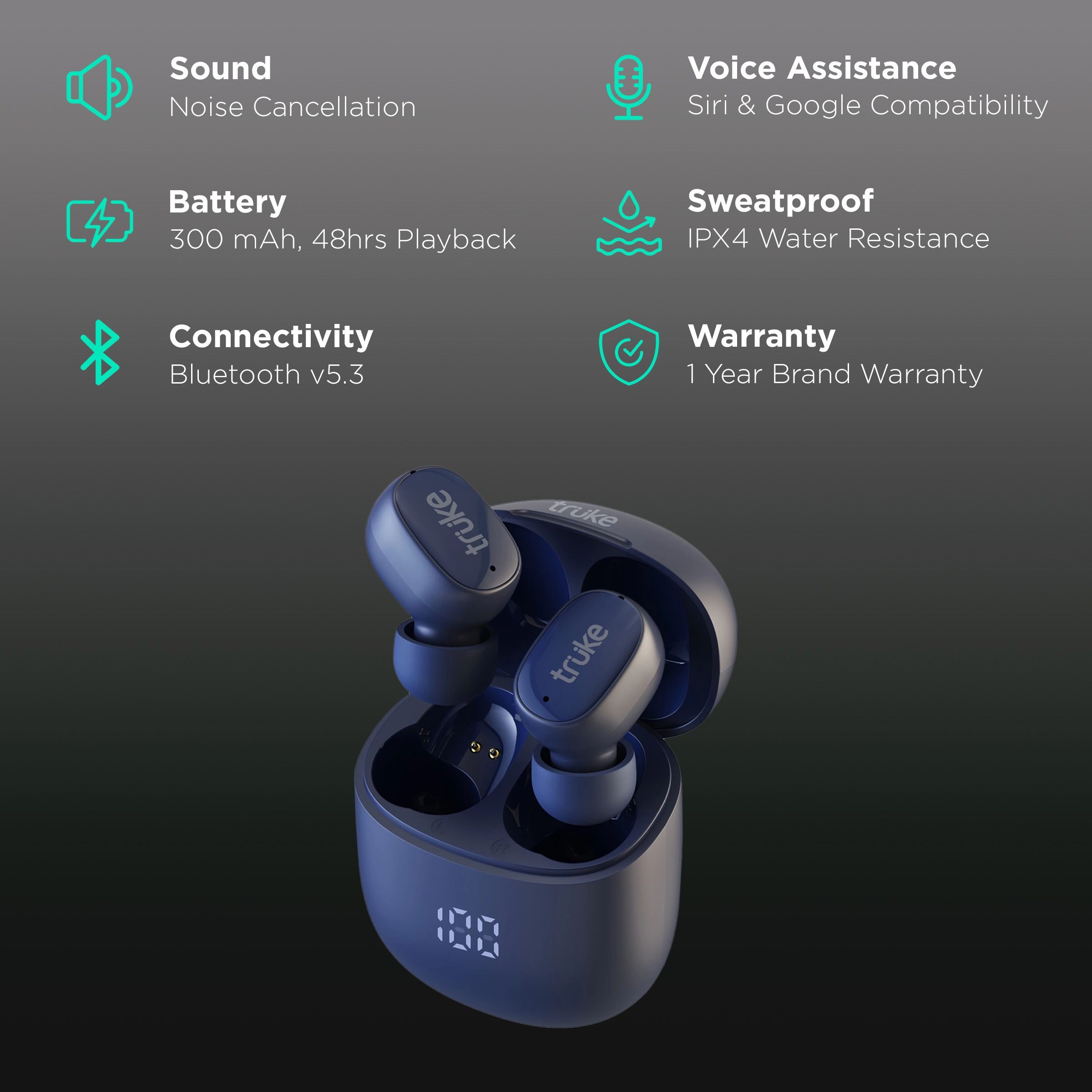 truke Buds F1 B130 TWS Earbuds with Environmental Noise Cancellation (IPX4 Sweat & Water Resistant, 48 Hours Playback, Blue)_2