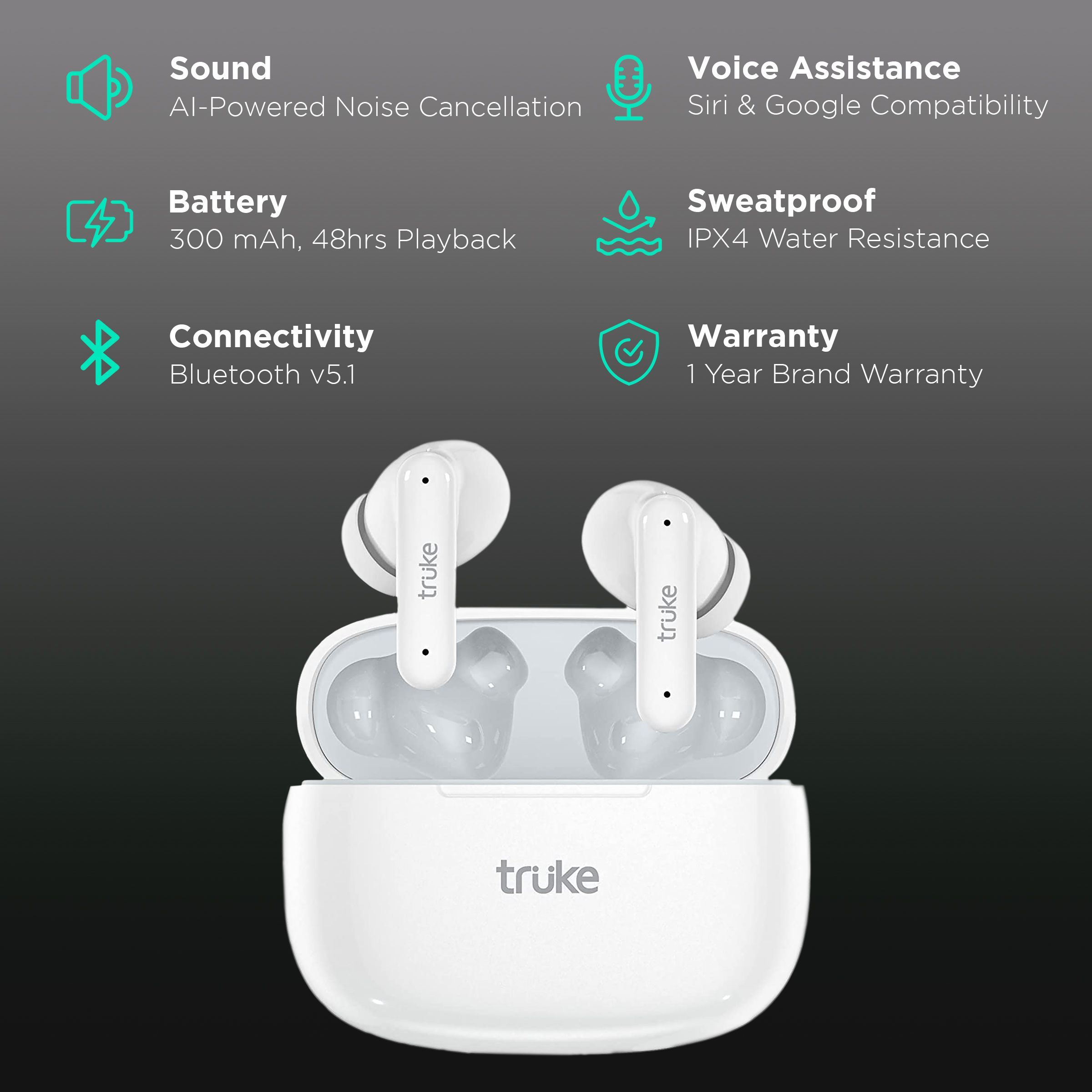 truke Air Buds TWS Earbuds with Environmental Noise Cancellation (IPX4 Water Resistant, Auto In Ear Detection, White)_2