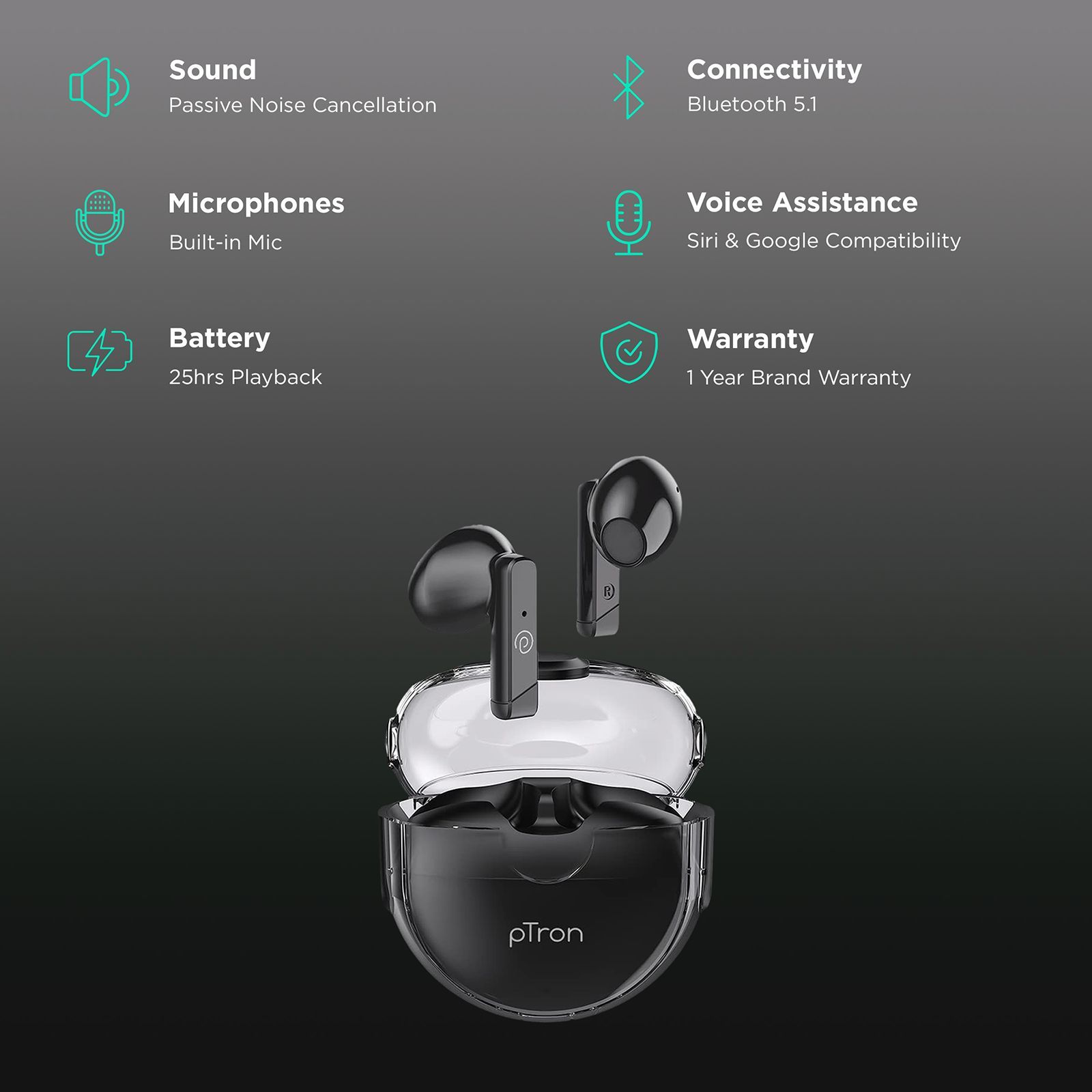 pTron Bassbuds Fute TWS Earbuds with Passive Noise Cancellation (IPX4 Water Resistant, Immersive High Definition Balanced Sound, Black)_2