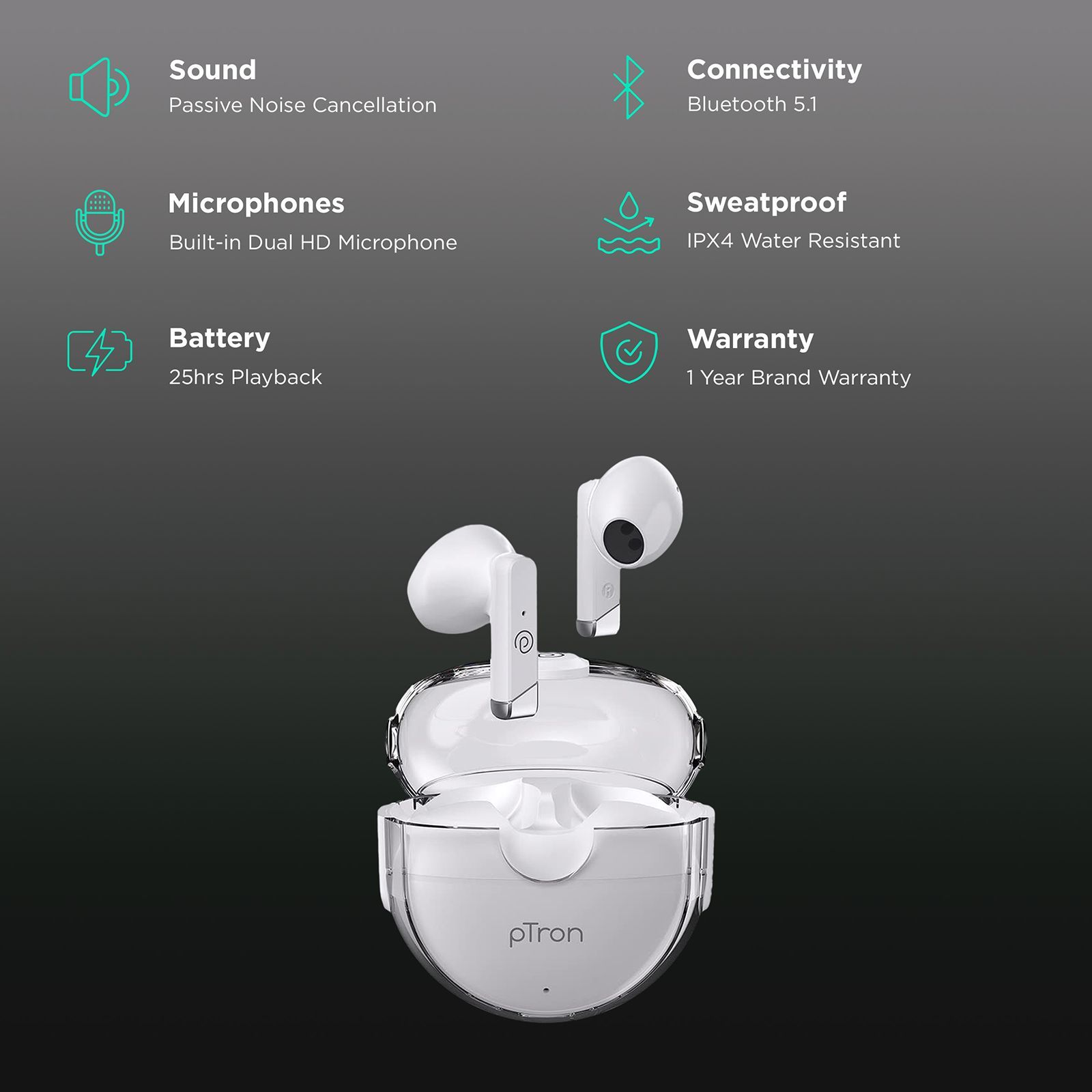 pTron Bassbuds Fute 140318216 TWS Earbuds with Passive Noise Cancellation (IPX4 Water Resistant, Immersive Audio, White)_2