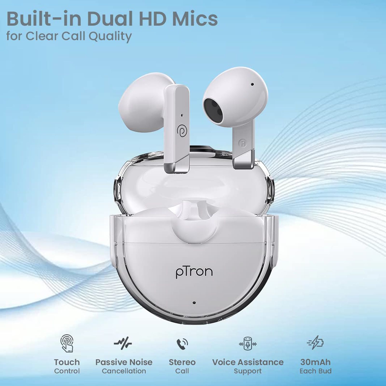 pTron Bassbuds Fute 140318216 TWS Earbuds with Passive Noise Cancellation (IPX4 Water Resistant, Immersive Audio, White)_3