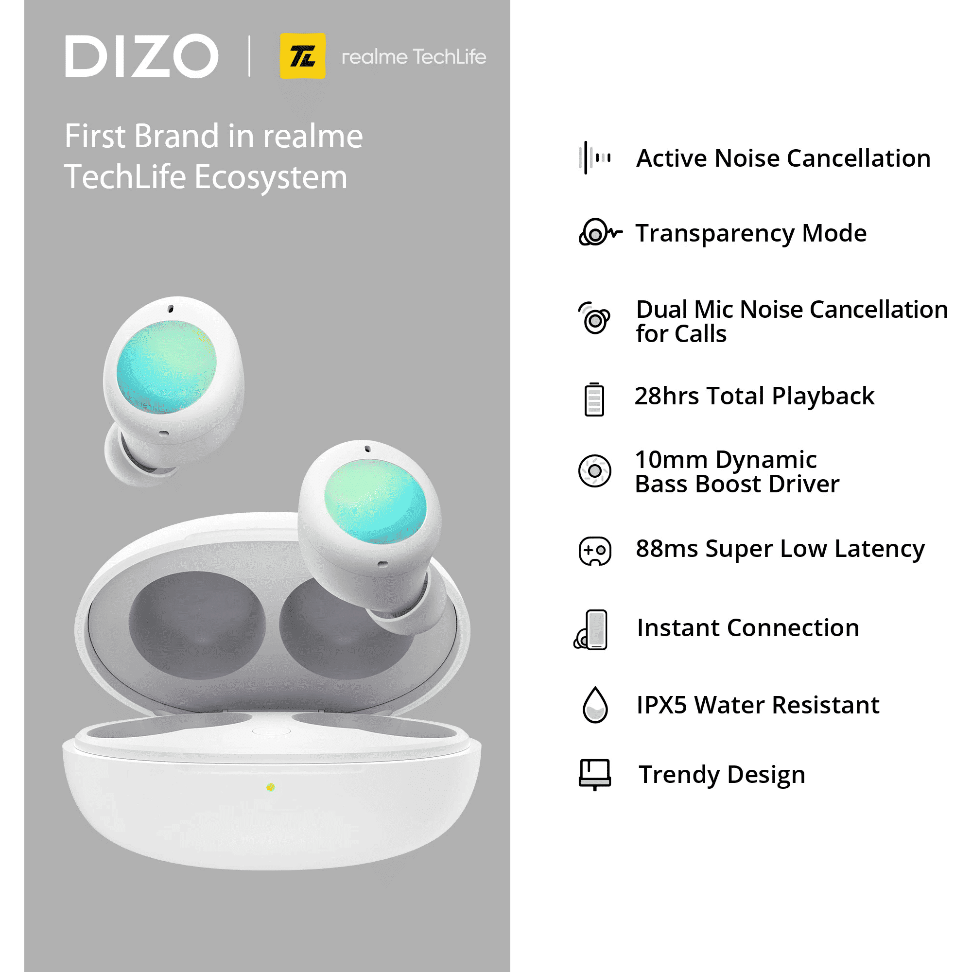 DIZO GoPods Neo TWS Earbuds with Active Noise Cancellation (IPX5 Water Resistant, 28 Hours Playback, White)_4
