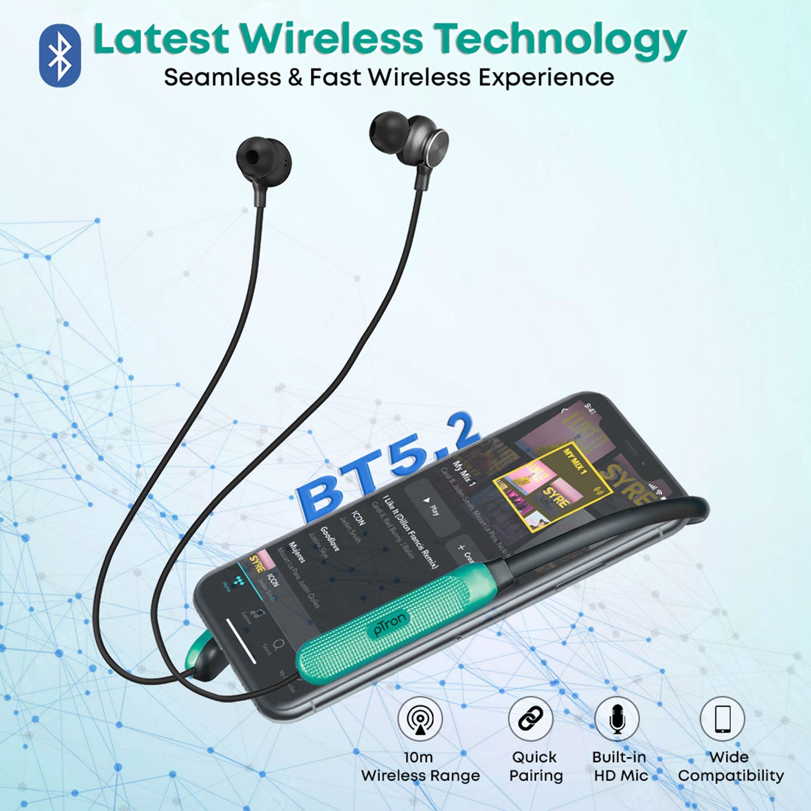 pTron InTunes Classic Neckband with Passive Noise Cancellation (IPX4 Water Resistant, 13mm Drivers, Black|Green)_5