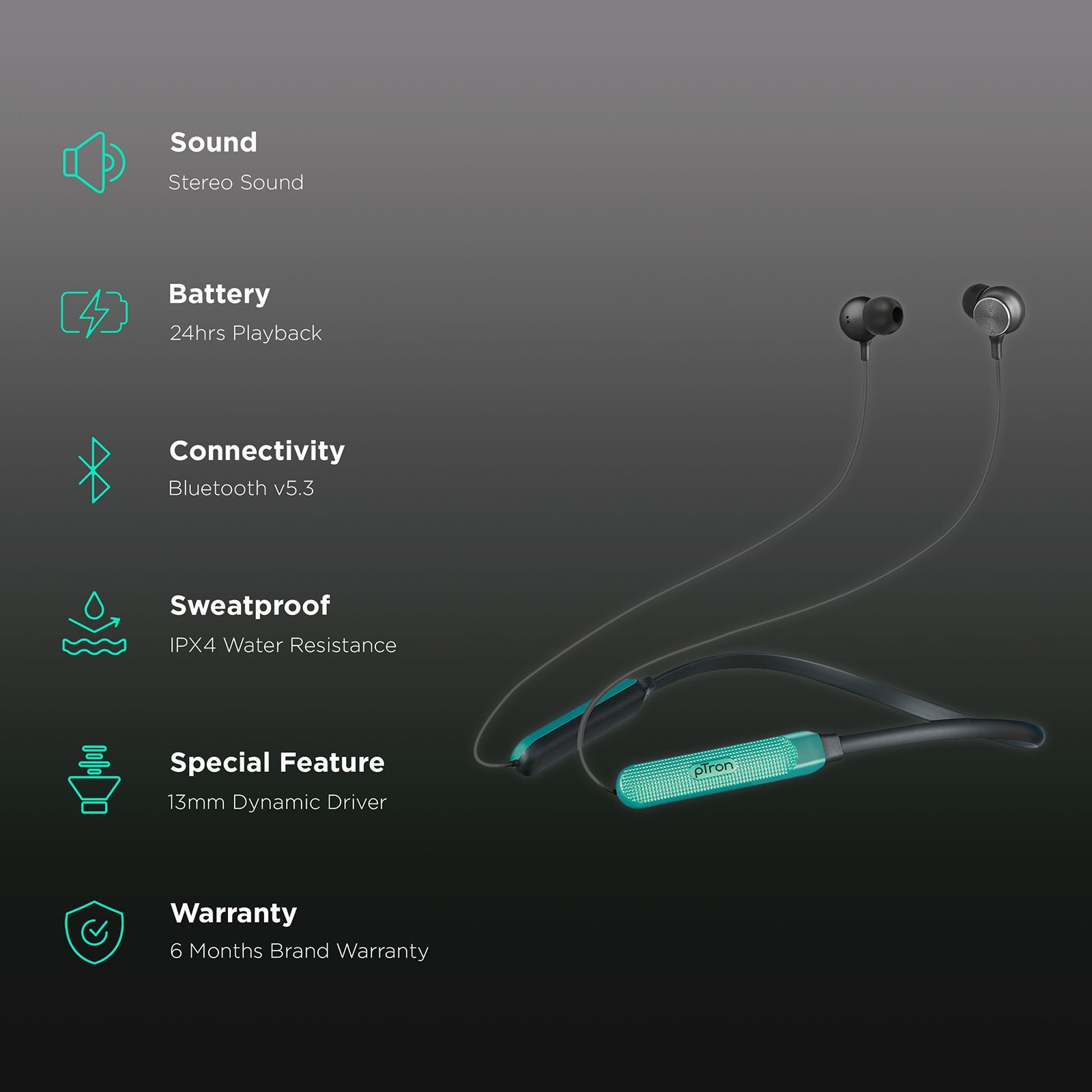 pTron InTunes Classic Neckband with Passive Noise Cancellation (IPX4 Water Resistant, 13mm Drivers, Black|Green)_2