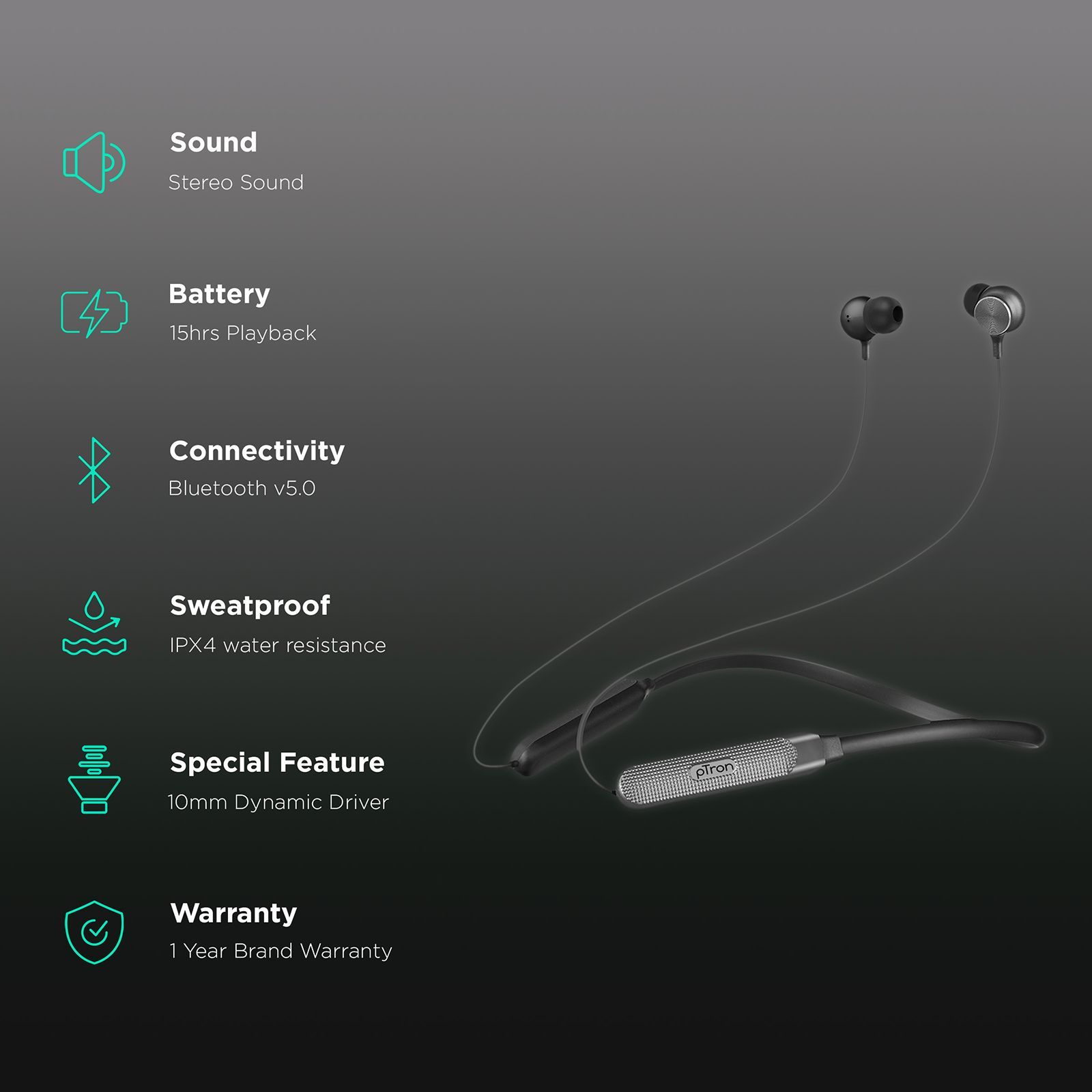 pTron InTunes Classic Neckband with Passive Noise Cancellation (Sweatproof, Upto 15 Hours Playtime, Black/Grey)_2