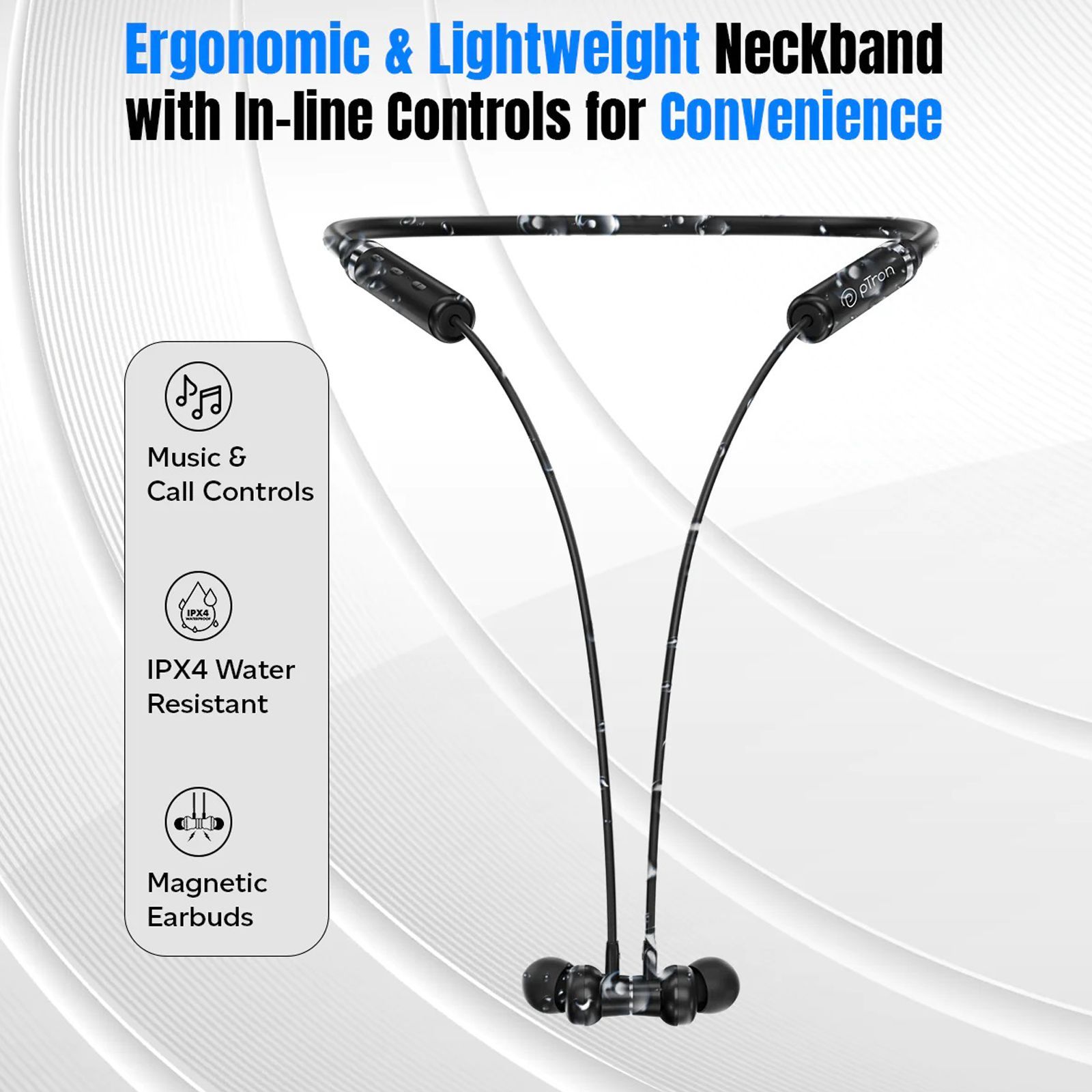 pTron InTunes Magic 140318713 Neckband with Passive Noise Cancellation (IPX4 Water Resistant, 10mm Drivers, Black)_5