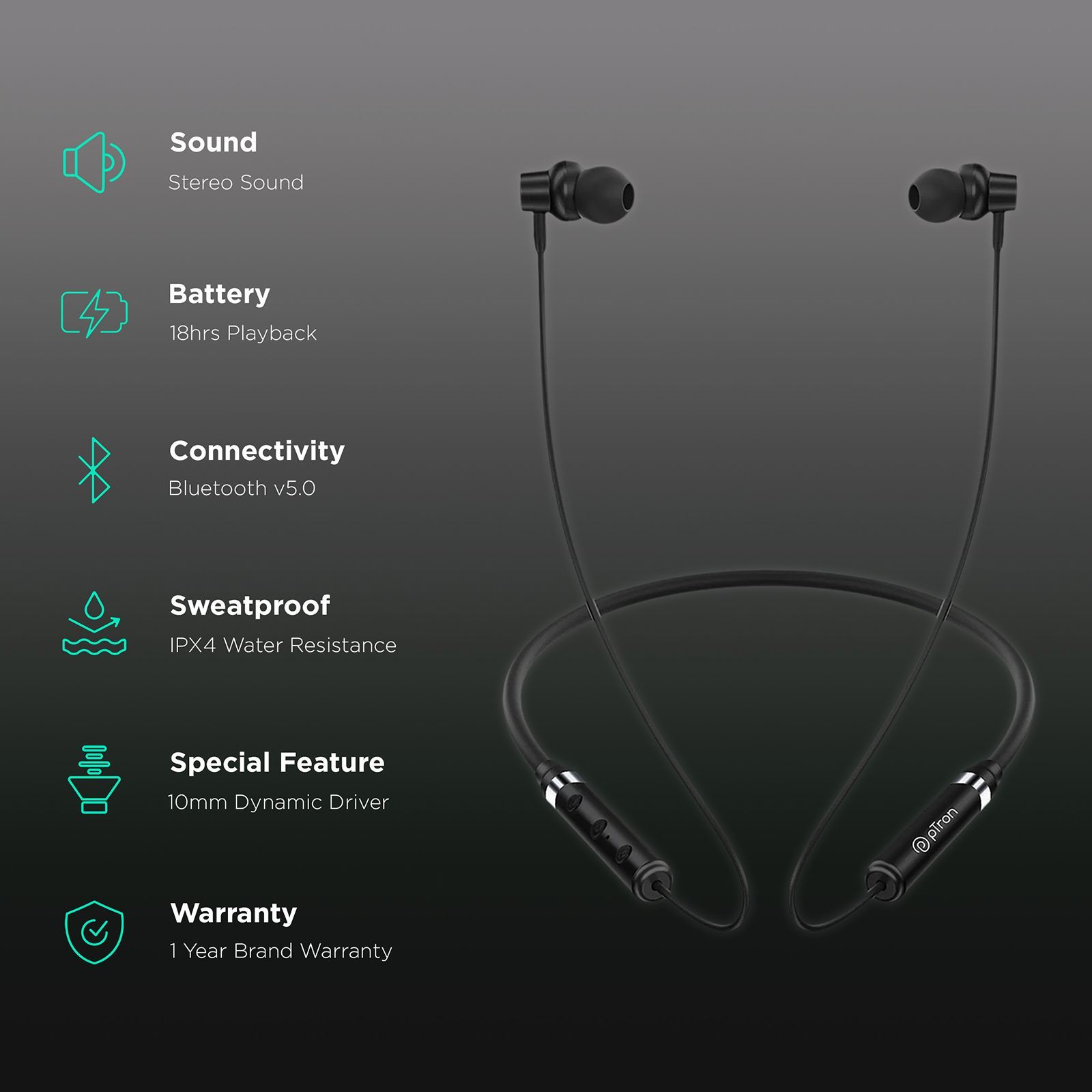 pTron InTunes Magic 140318713 Neckband with Passive Noise Cancellation (IPX4 Water Resistant, 10mm Drivers, Black)_2