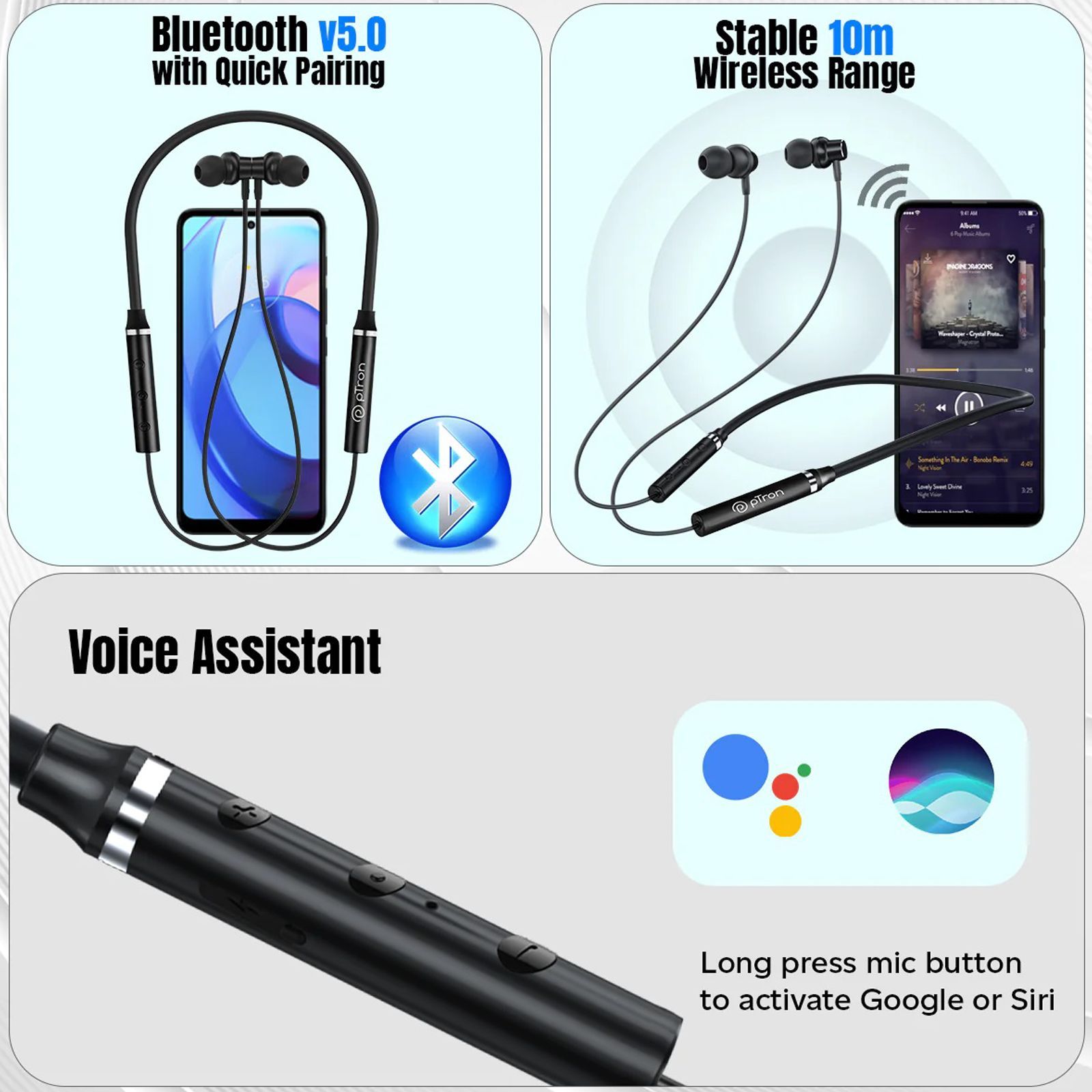 pTron InTunes Magic 140318713 Neckband with Passive Noise Cancellation (IPX4 Water Resistant, 10mm Drivers, Black)_4