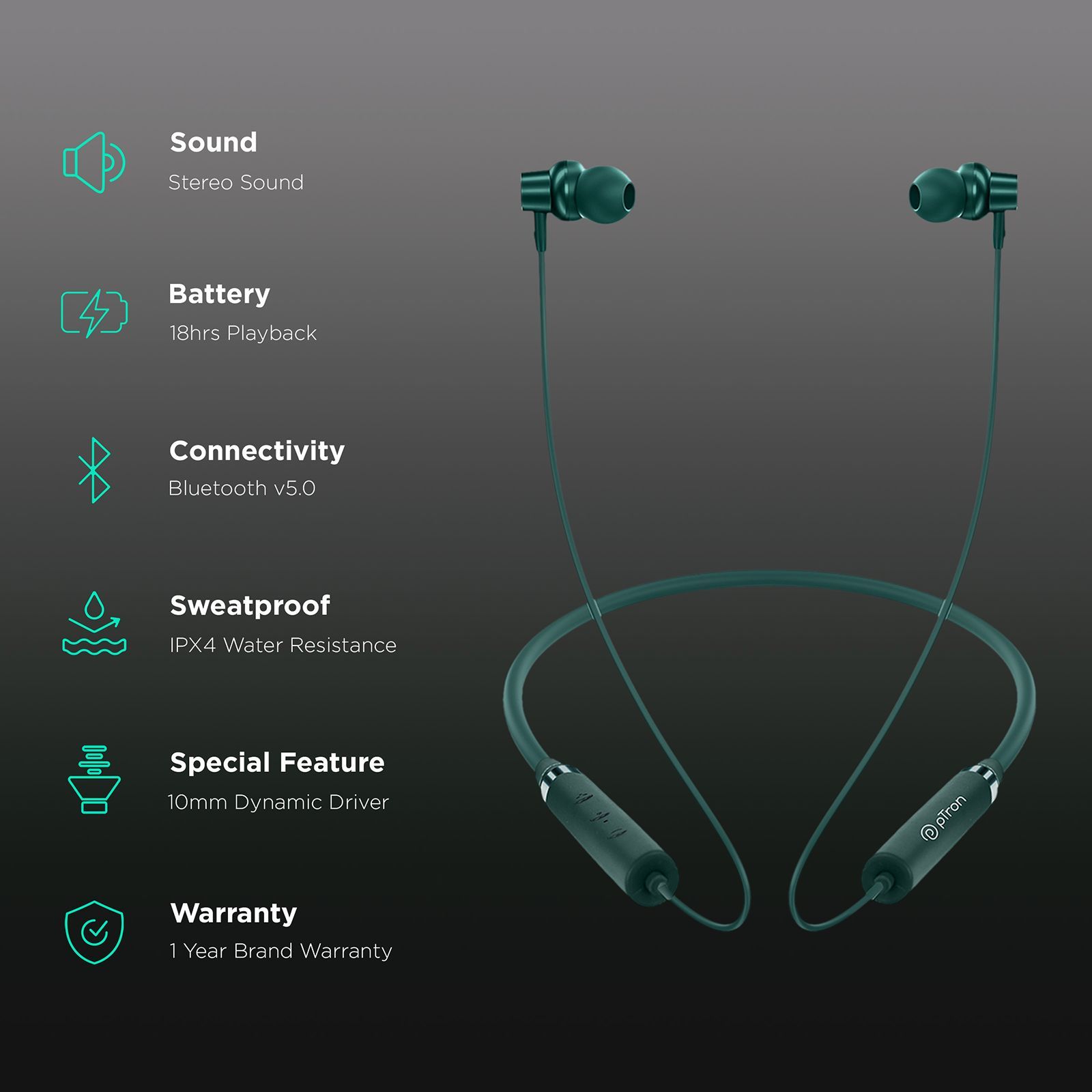 pTron InTunes Magic Neckband with Passive Noise Cancellation (IPX4 Water Resistant, 18 Hours Playtime, Green) pTron InTunes Magic Neckband with Passive Noise Cancellation (IPX4 Water Resistant, 18 Hours Playtime, Green)_2