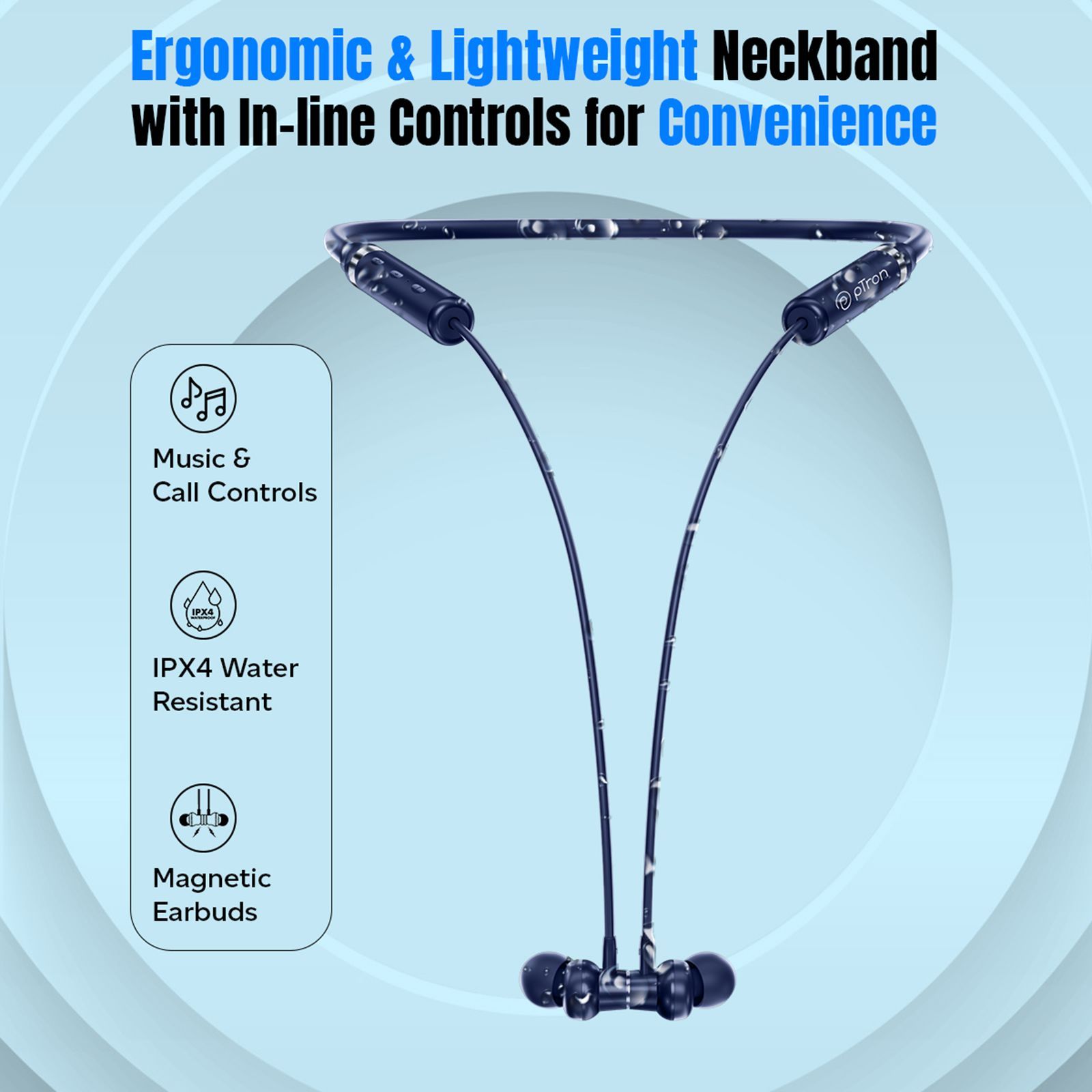 pTron InTunes Magic Neckband with Passive Noise Cancellation (IPX4 Water Resistant, 18 Hours Playtime, Blue)_7