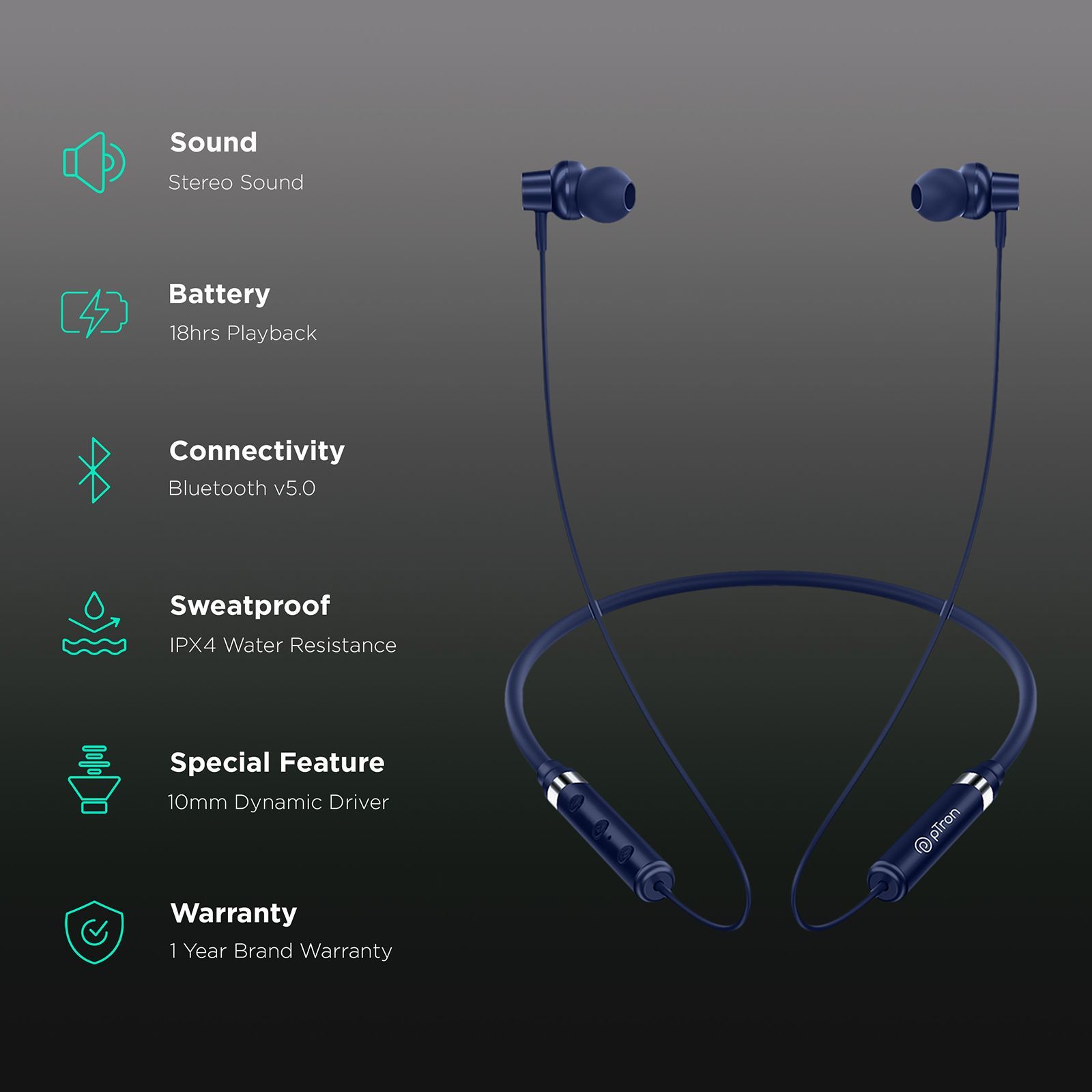pTron InTunes Magic Neckband with Passive Noise Cancellation (IPX4 Water Resistant, 18 Hours Playtime, Blue)_2
