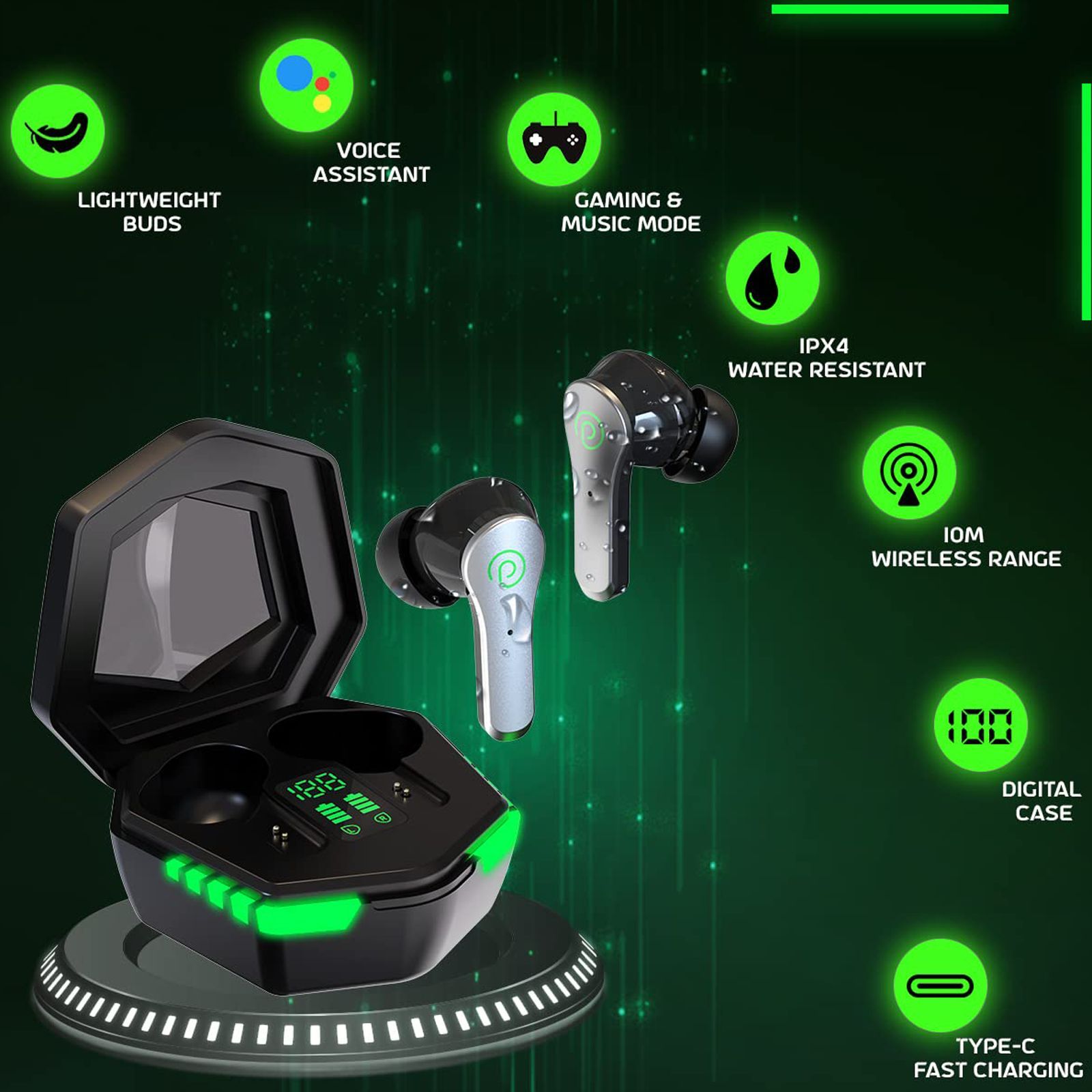 pTron Bassbuds Rush 140318555 TWS Earbuds with Environmental Noise Cancellation (IPX4 Water Resistant, Stereo Calls, Black)_6