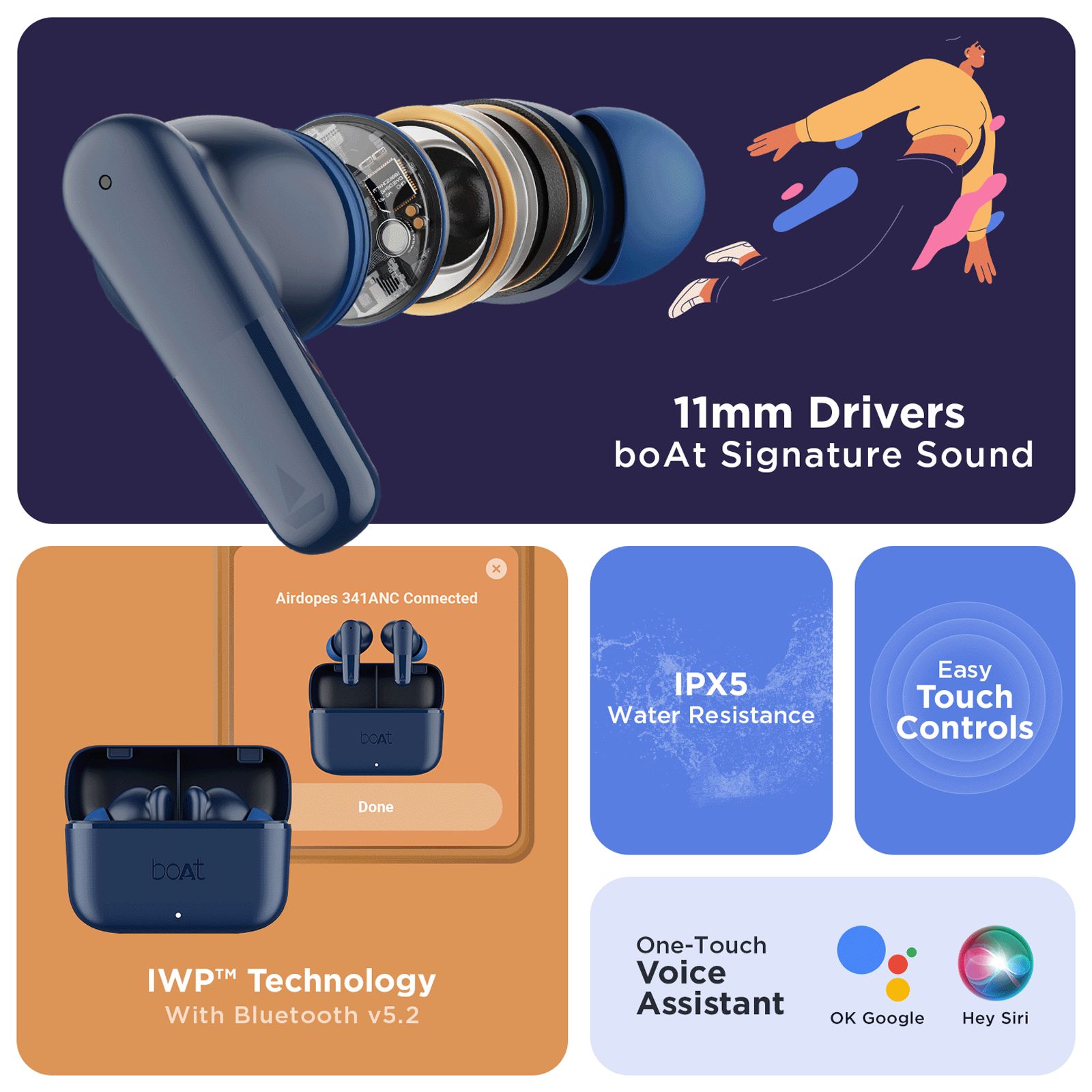 boAt Airdopes 341 ANC TWS Earbuds with Active Noise Cancellation (IPX5 Water Resistant, ENx Technology, Blue)_3