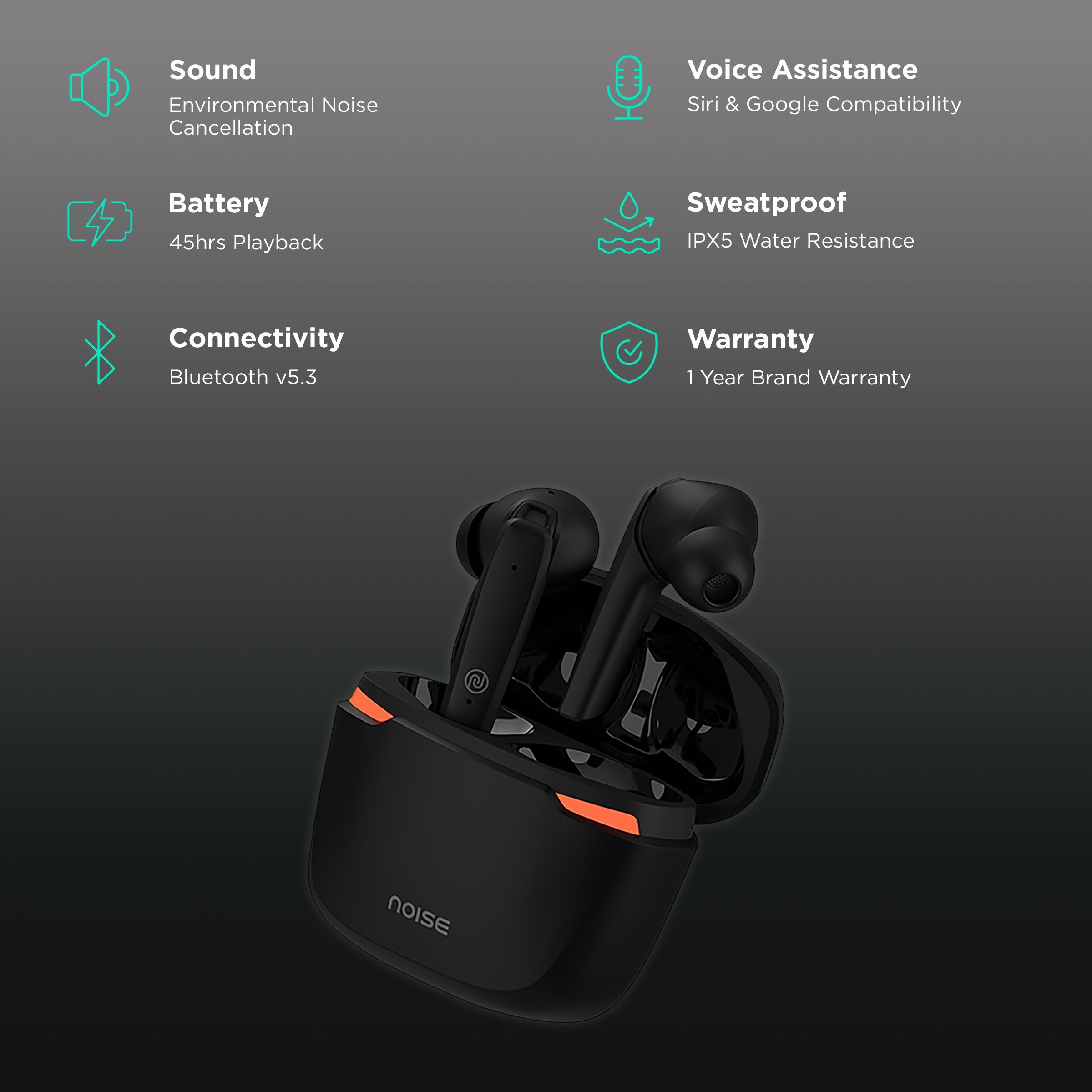 noise Buds Combat TWS Earbuds with Environmental Noise Cancellation (IPX5 Water Resistant, Insta Charge, Stealth Black)_2