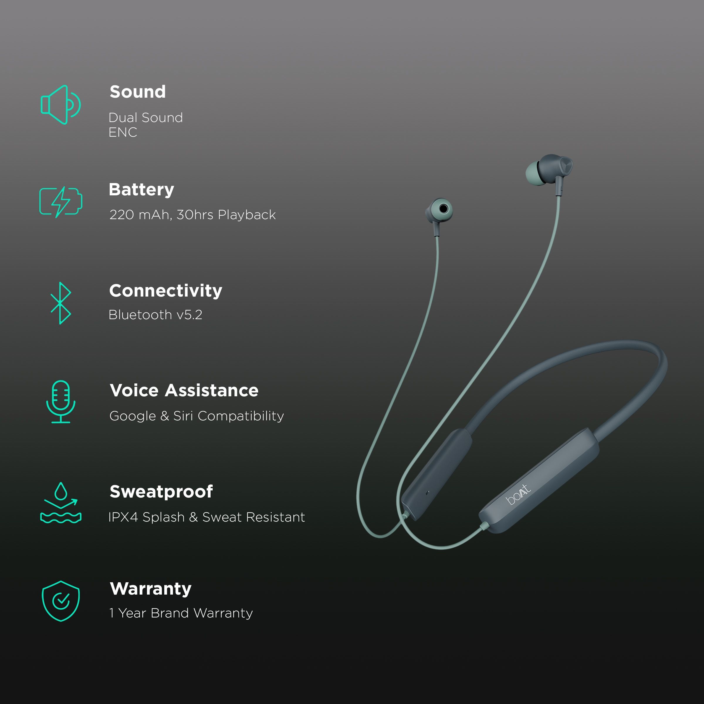 boAt Rockerz Enticer Neckband with Environmental Noise Cancellation (IPX4 Splash & Sweat Resistant, Beast Mode, Smoky Cyan)_2