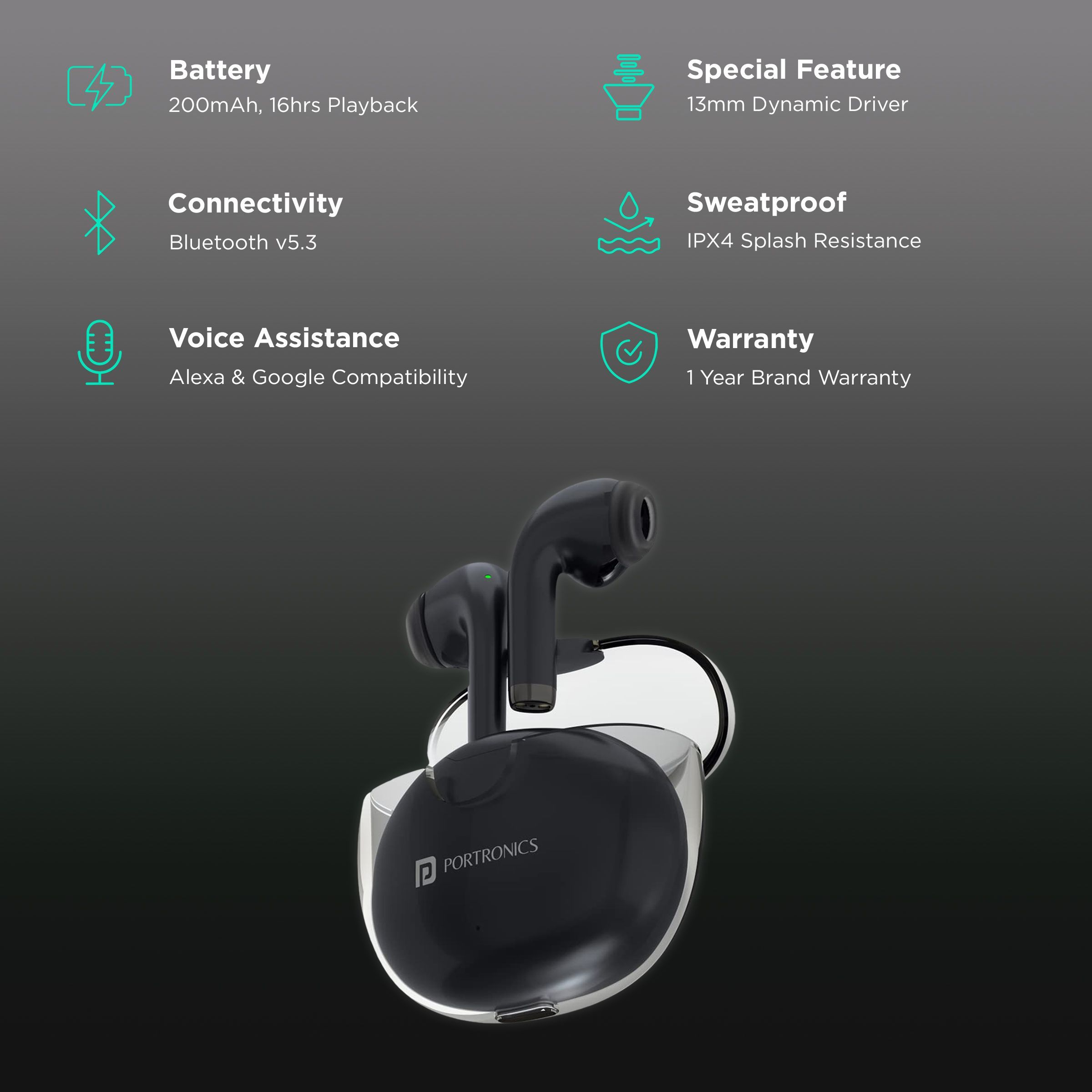 PORTRONICS Harmonics Twins S4 TWS Earbuds (IPX4 Splash Resistant, Upto 16 Hours Playback, Black) PORTRONICS Harmonics Twins S4 TWS Earbuds (IPX4 Splash Resistant, Upto 16 Hours Playback, Black)_2