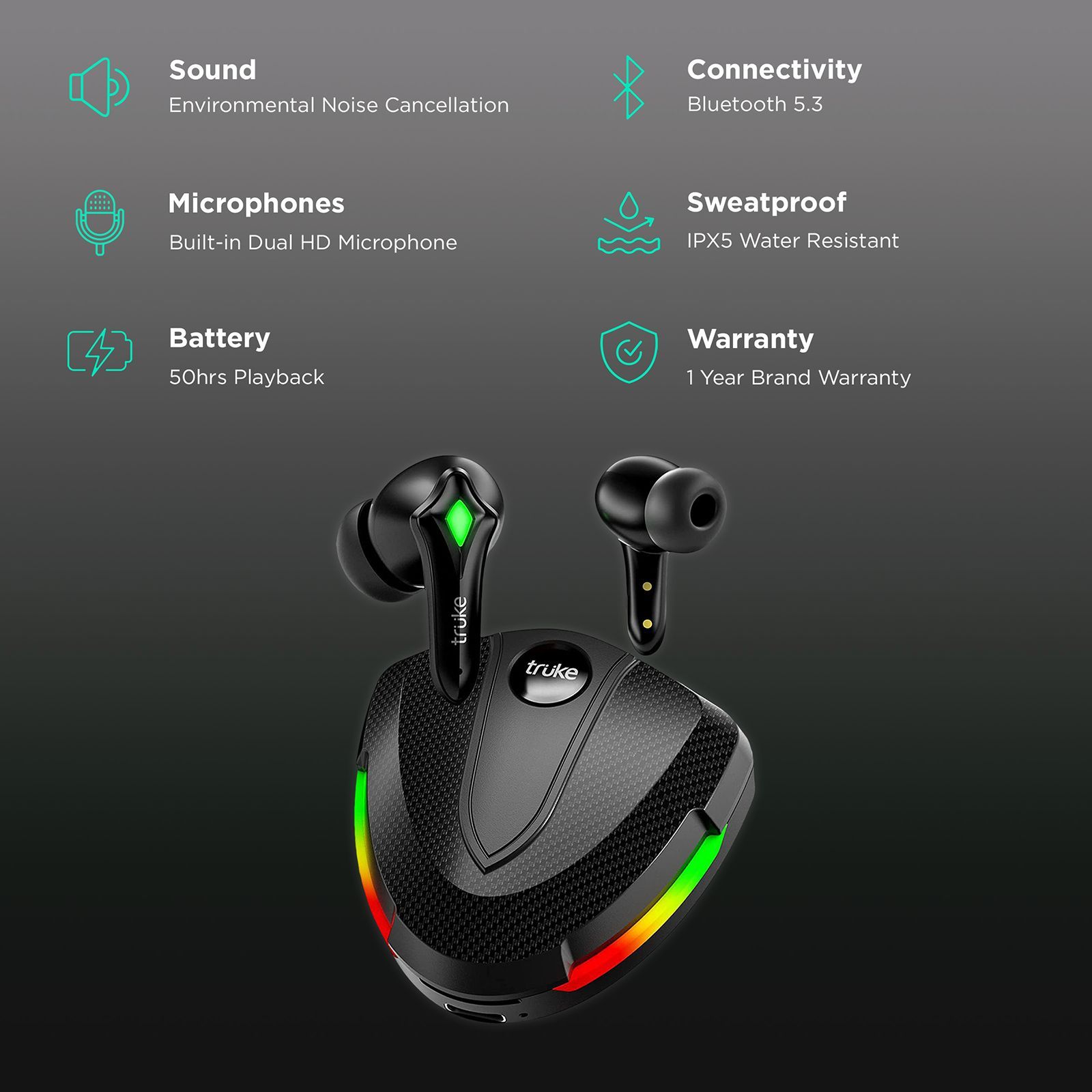 truke BTG Storm B141 TWS Earbuds with Environmental Noise Cancellation (IPX5 Water Resistant, Fast Charging, Black)_2