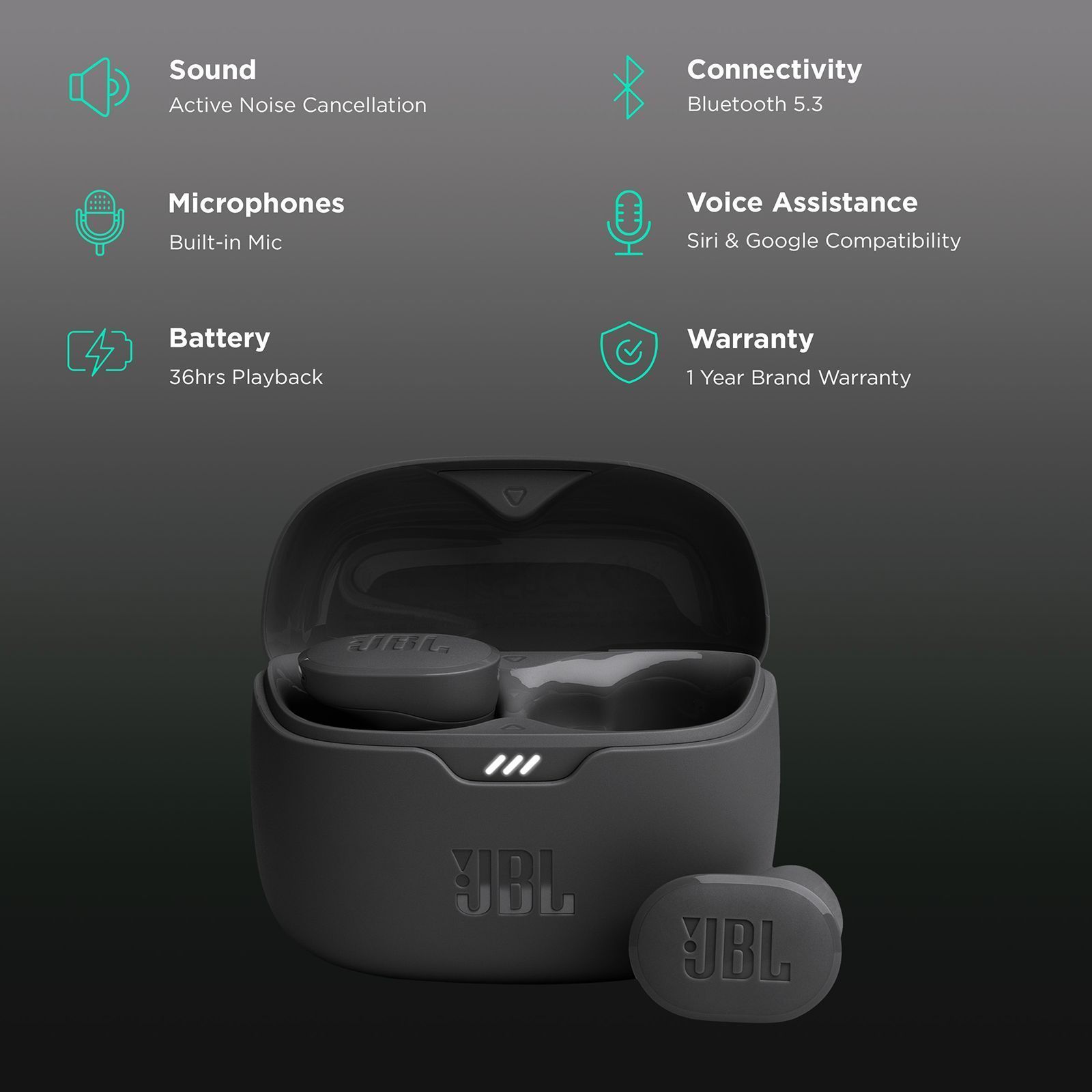 JBL Tune Buds JBLTBUDSBLK TWS Earbuds with Active Noise Cancellation (IP54 Water Resistance, Pure Bass Sound, Black) JBL Tune Buds JBLTBUDSBLK TWS Earbuds with Active Noise Cancellation (IP54 Water Resistance, Pure Bass Sound, Black)_2