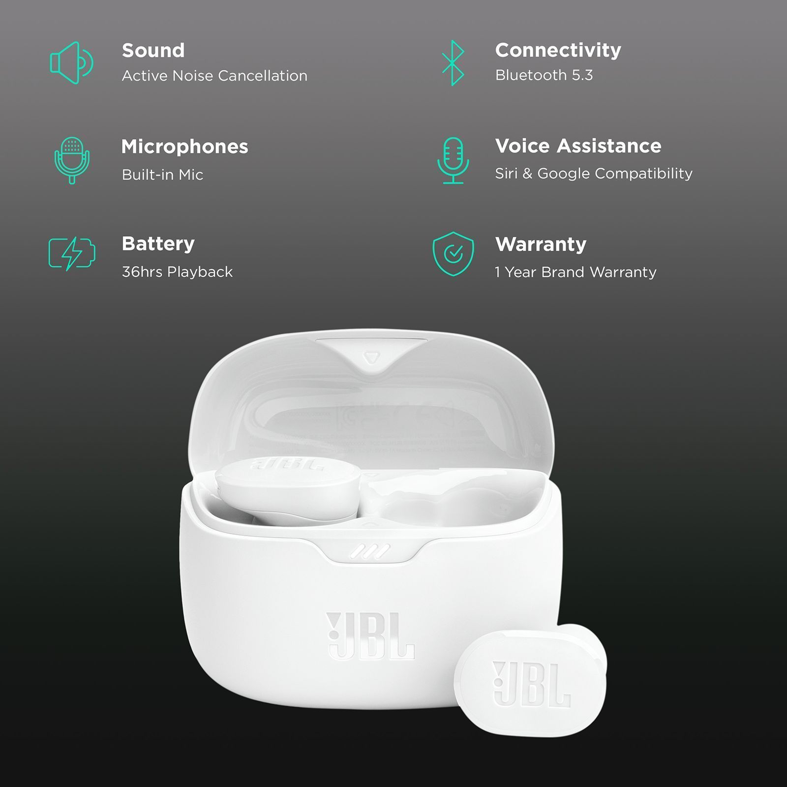JBL Tune Buds JBLTBUDSWHT TWS Earbuds with Active Noise Cancellation (IP54 Water Resistance, Pure Bass Sound, White)_2