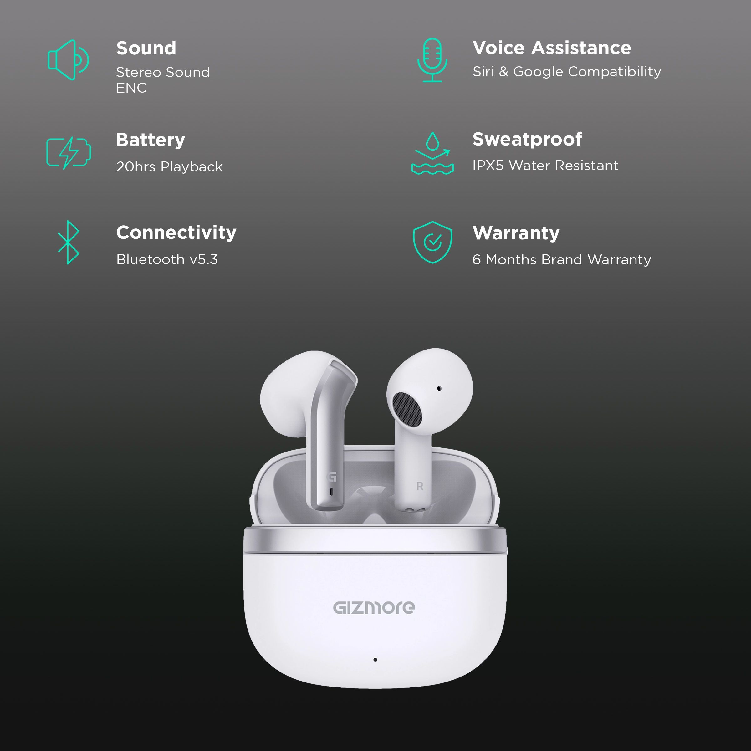 GIZmore Gizbud 809P TWS Earbuds with Environmental Noise Cancellation (Water Resistant, Immersive Bass, White) GIZmore Gizbud 809P TWS Earbuds with Environmental Noise Cancellation (Water Resistant, Immersive Bass, White)_2