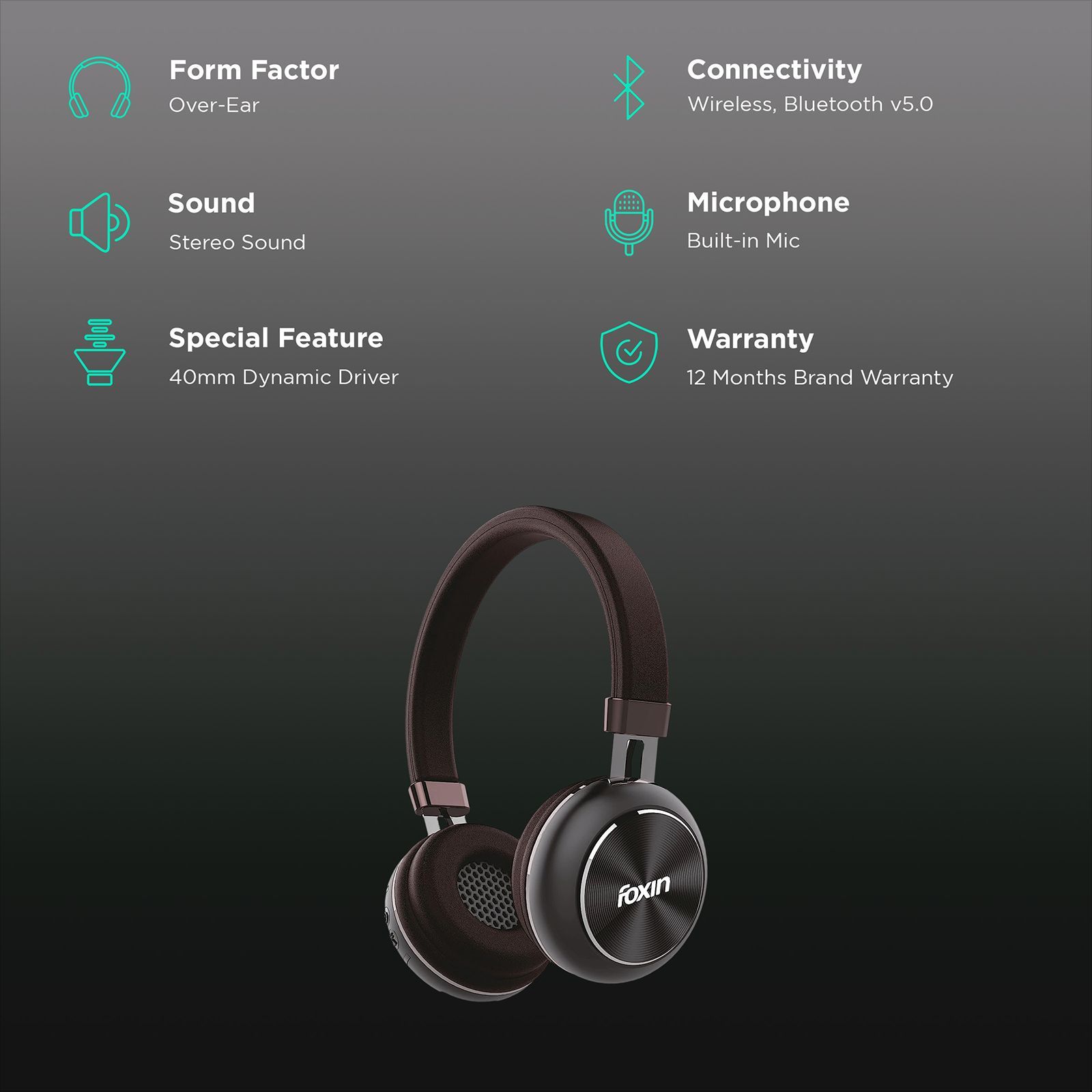 Foxin Supreme 321 FOXHED0137 Bluetooth Headphone with Mic (40mm Dynamic Driver, Over Ear, Brown and Black)_2