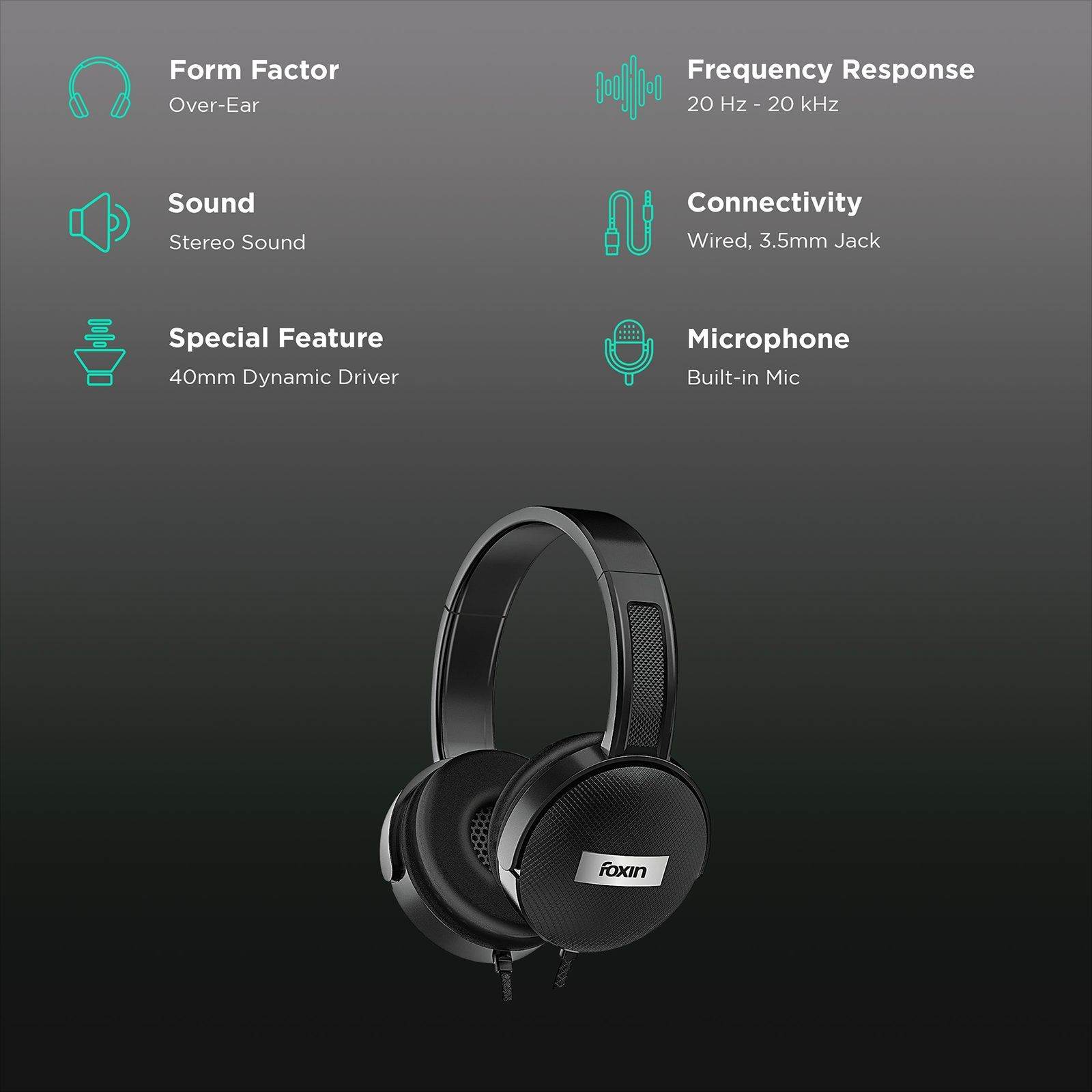 Foxin FHM-306 FOXHED0120 Wired Headphone with Mic (Over-Ear, Black)_2