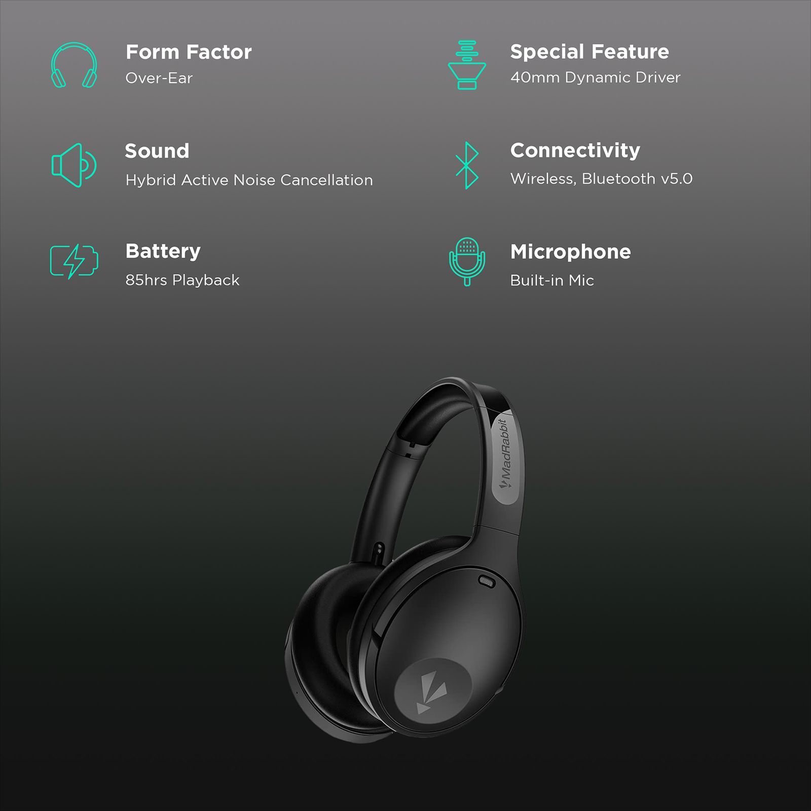 MadRabbit 8059 Bluetooth Headphone with Mic (Fast Charging, Over Ear, Black) MadRabbit 8059 Bluetooth Headphone with Mic (Fast Charging, Over Ear, Black)_2