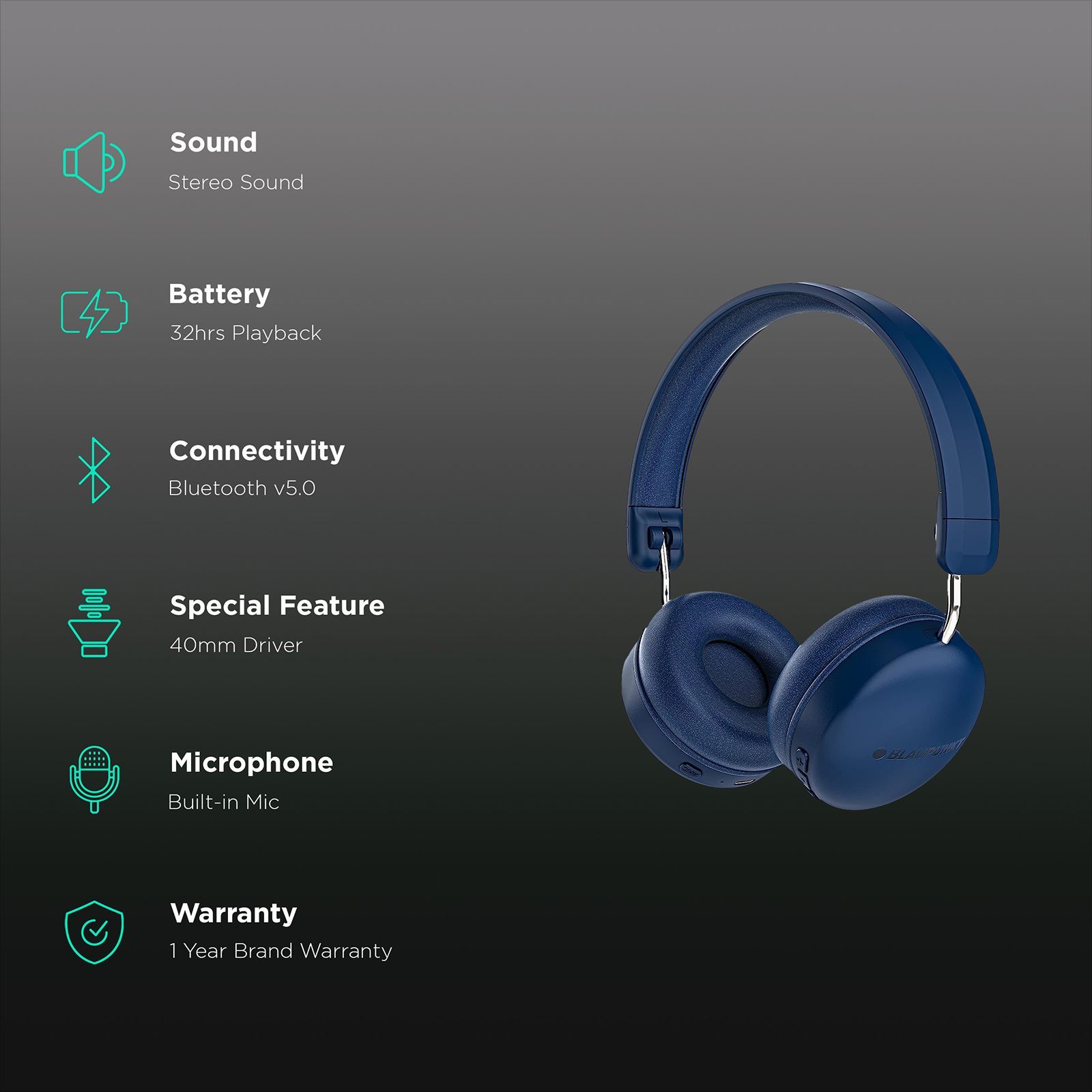 Blaupunkt BH51 Bluetooth Headphone with Mic (HD Sound, On Ear, Blue) Blaupunkt BH51 Bluetooth Headphone with Mic (HD Sound, On Ear, Blue)_2