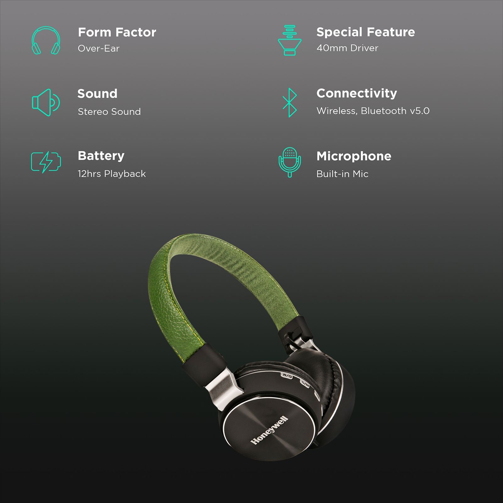 Honeywell Moxie V10 Bluetooth Headphone with Mic (Google Assistant Enabled, Over Ear, Olive Green)_2
