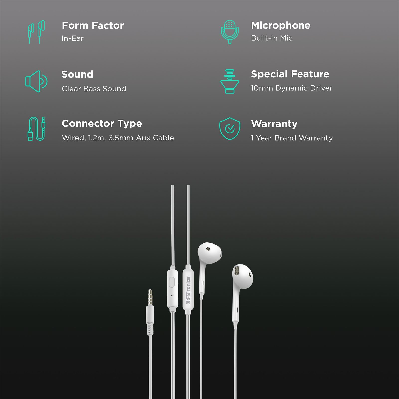 PORTRONICS Conch Beta Wired Earphone with Mic (In Ear, White)_2