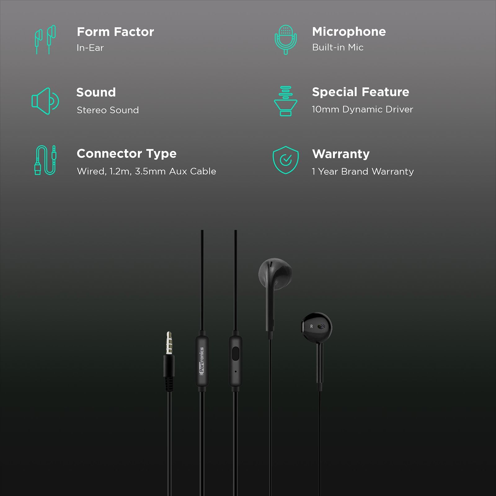 PORTRONICS Conch Beta Wired Earphone with Mic (In Ear, Black) PORTRONICS Conch Beta Wired Earphone with Mic (In Ear, Black)_2