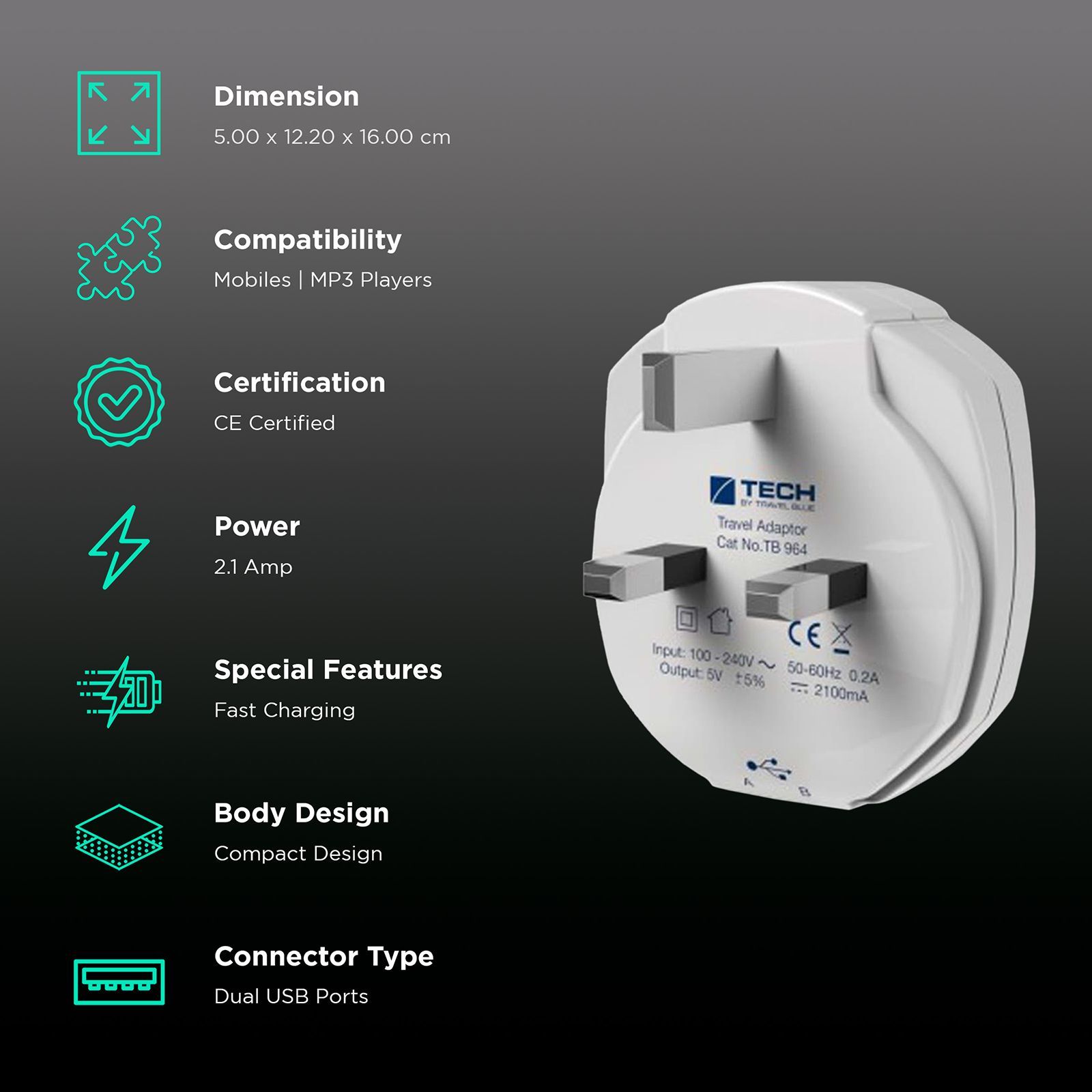 TRAVEL BLUE 2.1 Amp Dual USB Wall Charger (964, White)_2