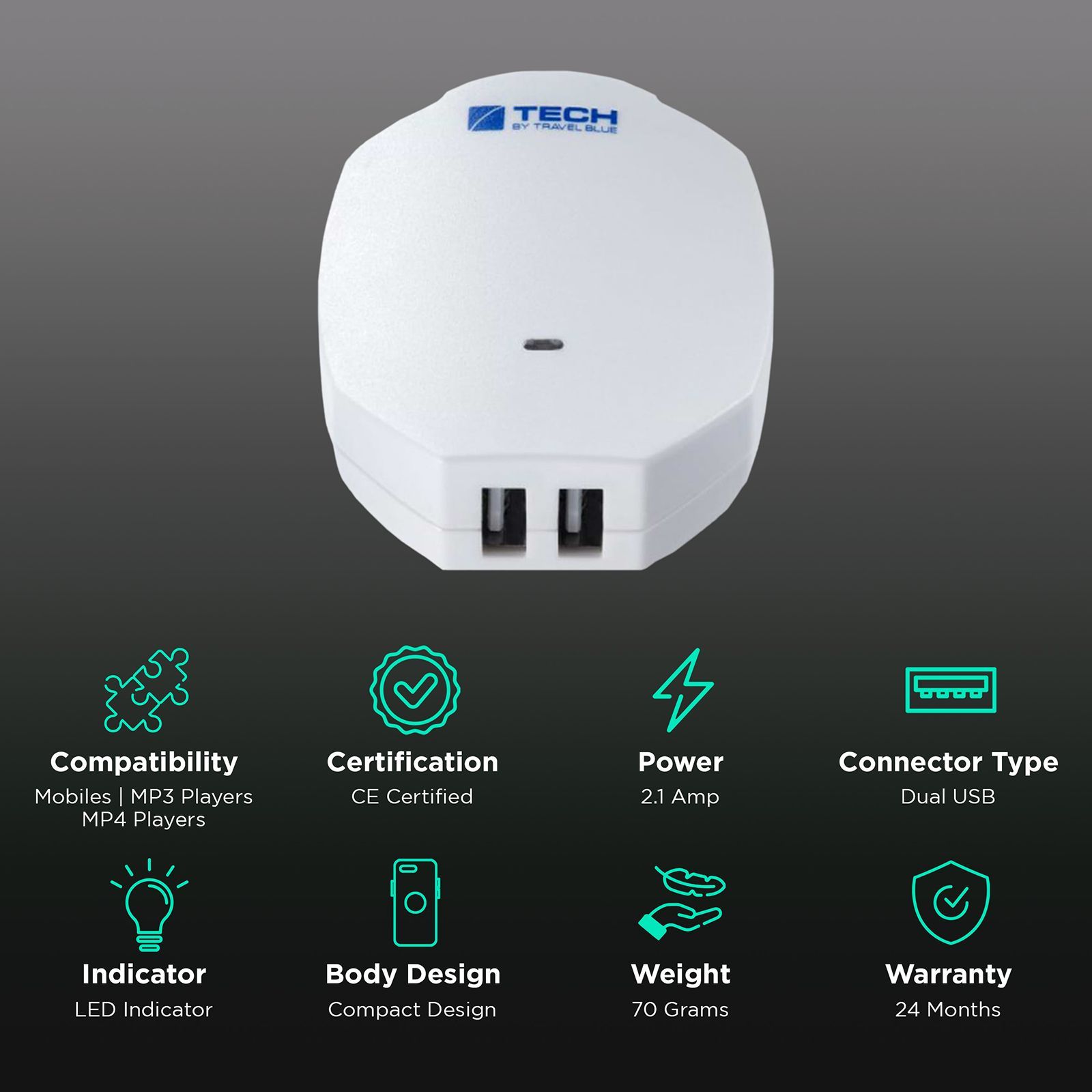 TRAVEL BLUE 2.1 Amp Dual USB Wall Charger (965, White)_2