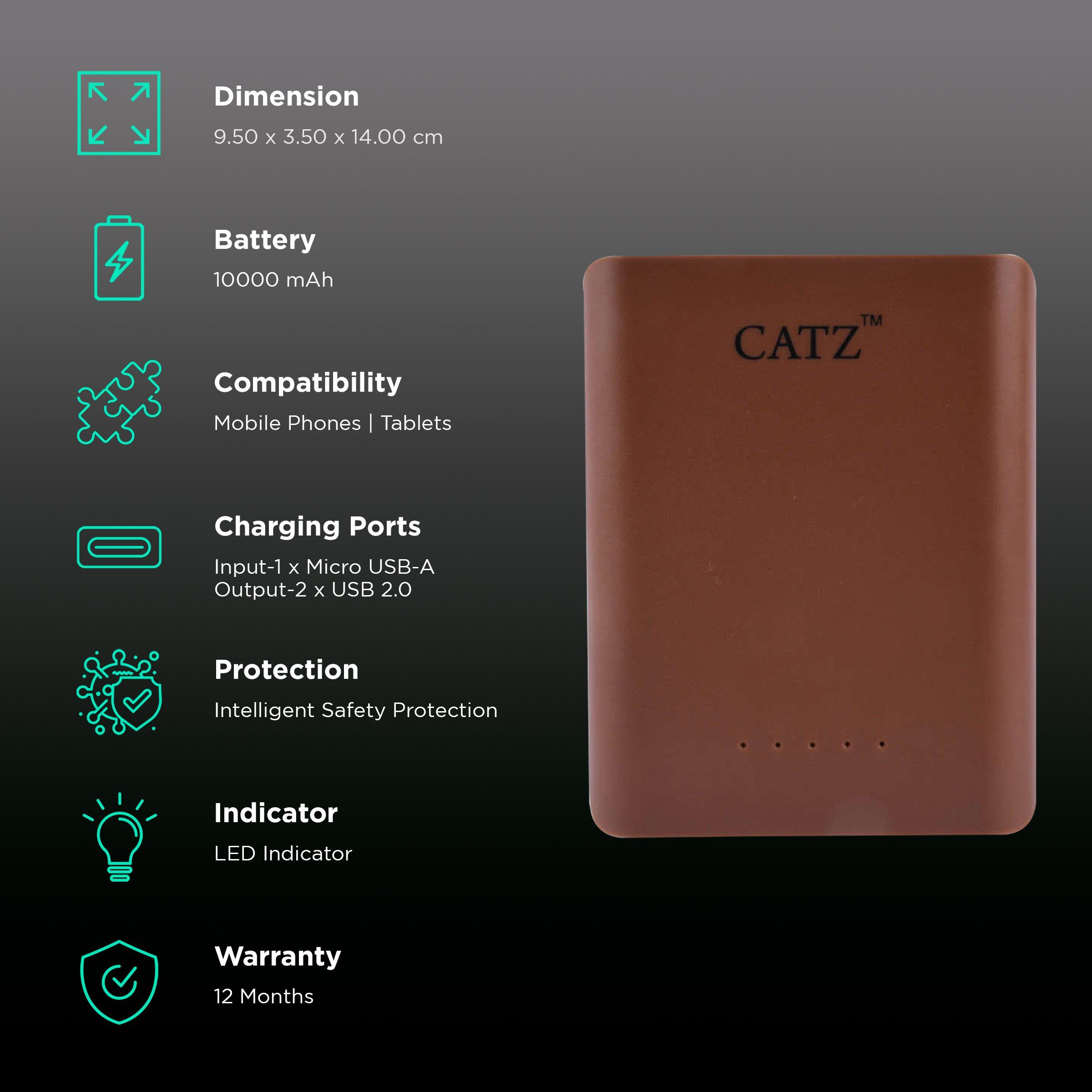 CATZ 10000 mAh Power Bank (1 Micro USB & 2 Type A Ports, Intelligent Safety Protection, Brown)_3