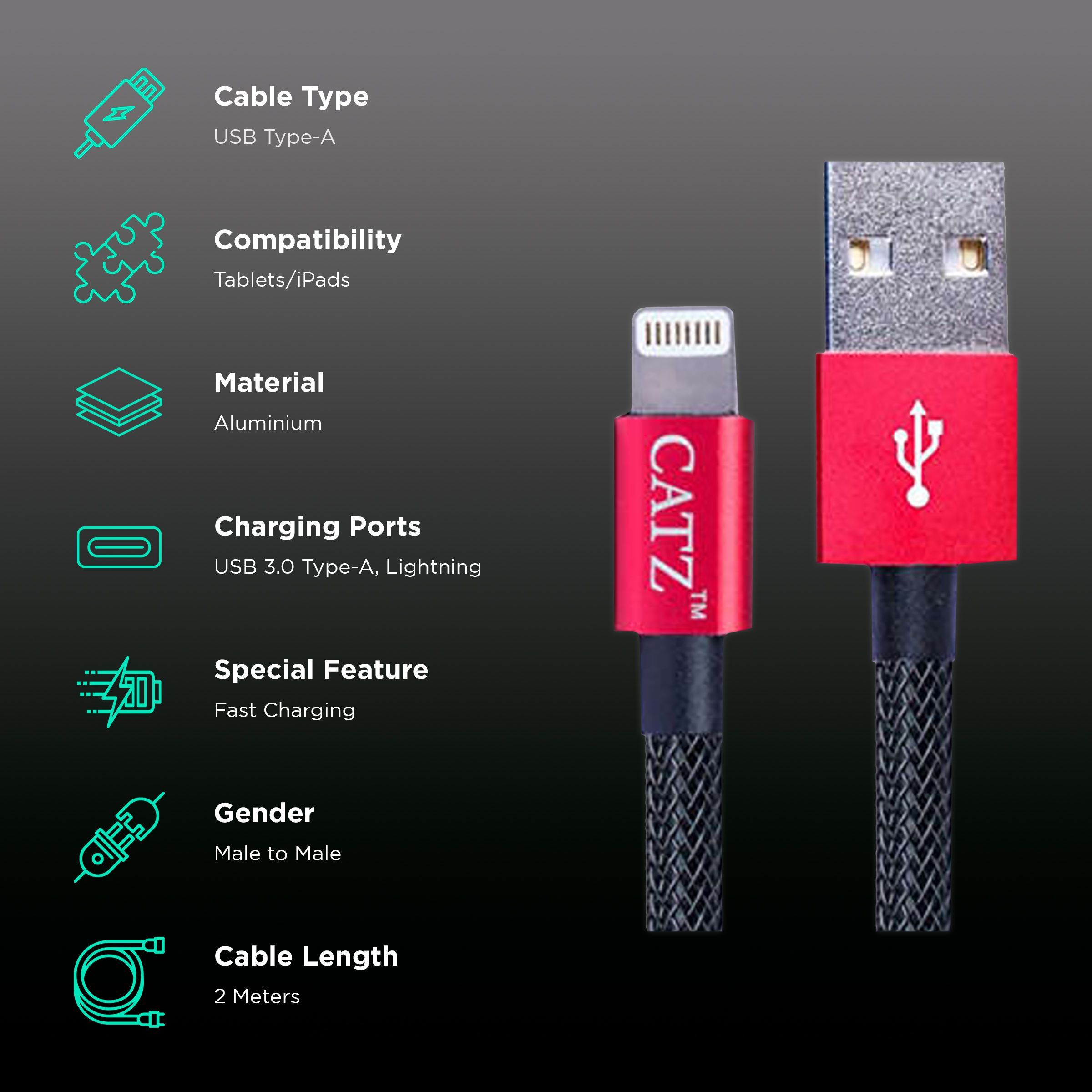 CATZ Type A to Lightning 6.5 Feet (2M) Cable (1000 Mbps Transfer Speed, Black)_2