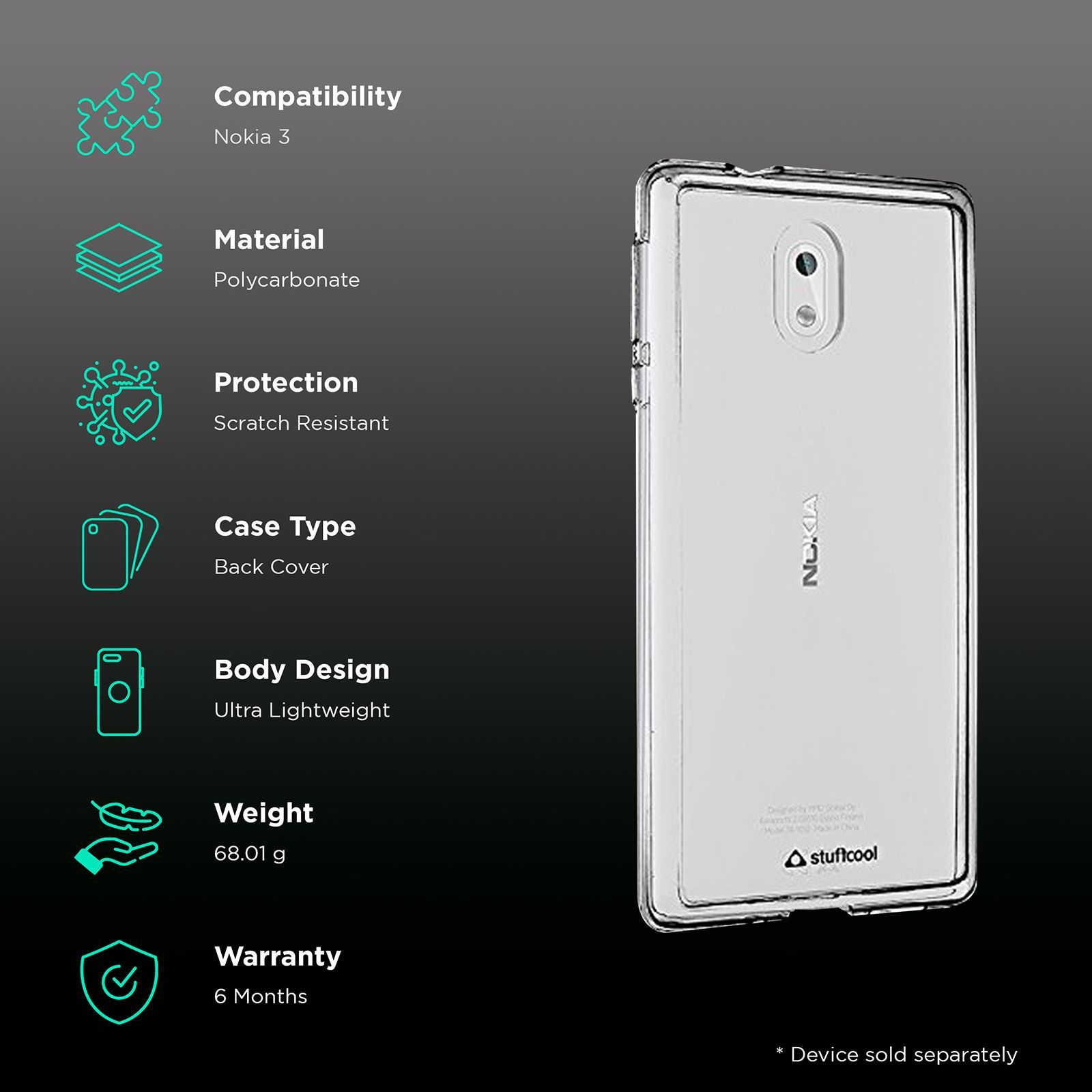 Stuffcool Blendo Hybrid Polycarbonate Back Cover for Nokia 3 (Camera Protection, Transparent)_2