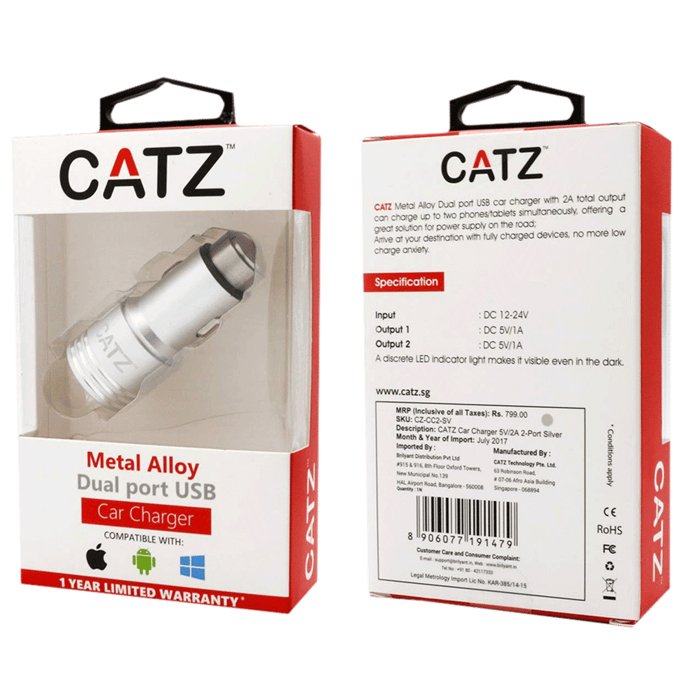 Brilyant 2 Ampere 2 USB Ports Car Charging Adapter (Compact Design, CZ-CC2-SV, Silver)_4