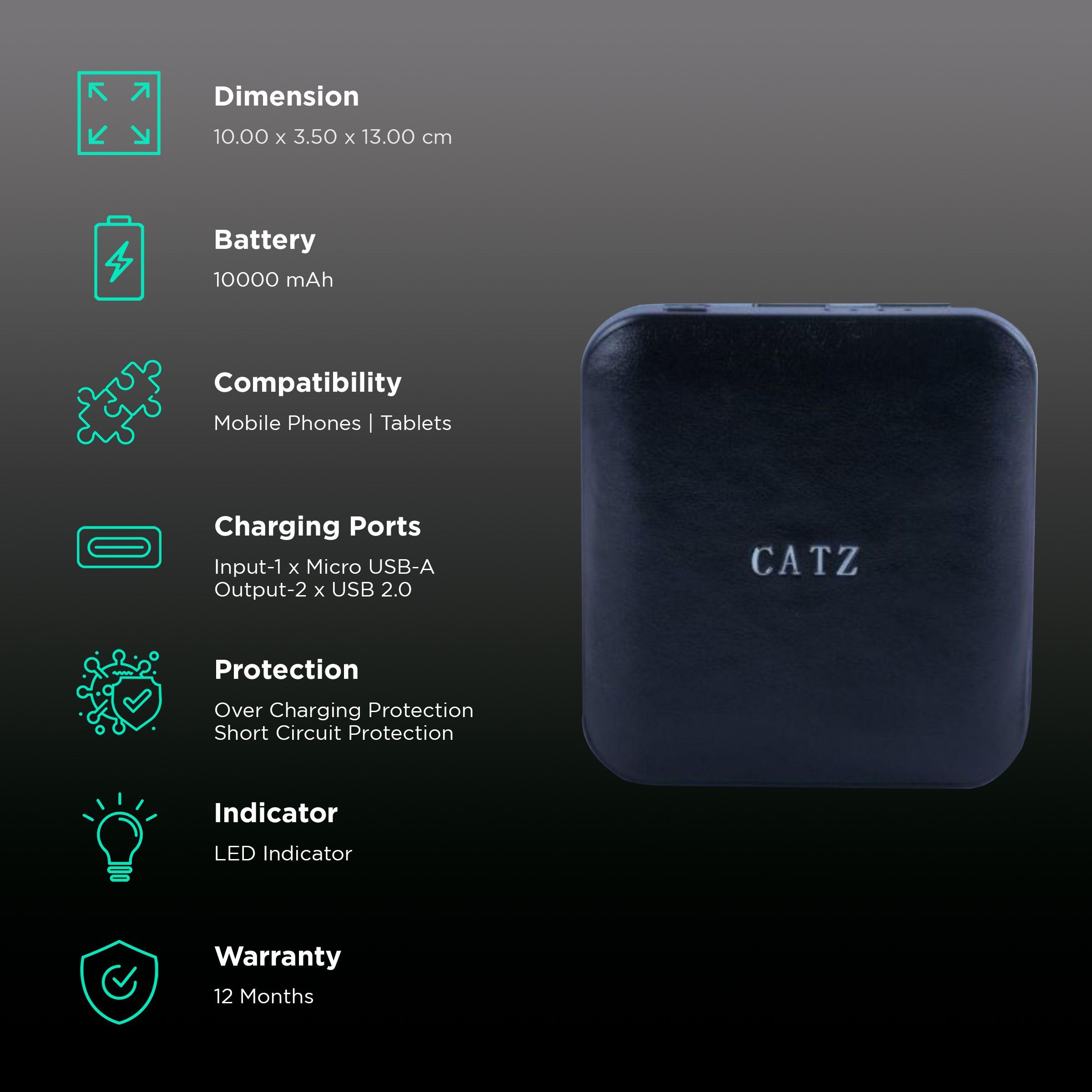 CATZ 10000 mAh 18W Power Bank (1 Micro USB & 2 Type A Ports, Leather Casing, Over Charge Protection, Black)_3