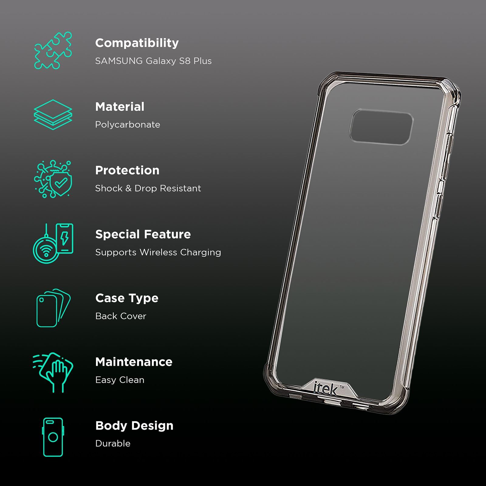 itek Air Hybrid Hard Polycarbonate & TPU Back Cover for SAMSUNG Galaxy S8 Plus (Wireless Charging Support, Transparent)_2