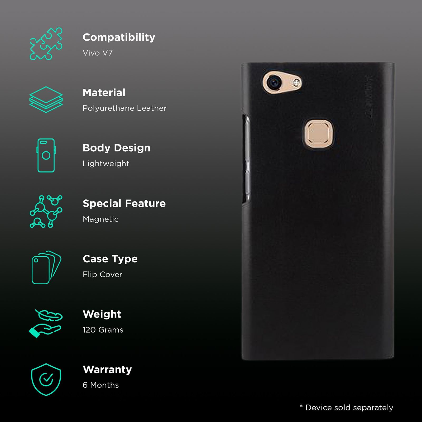 stuffcool Flipit Soft Polyurethane Leather Flip Cover for vivo V7 (Built-in Magnetic Flip Closure Lock, Black)_2