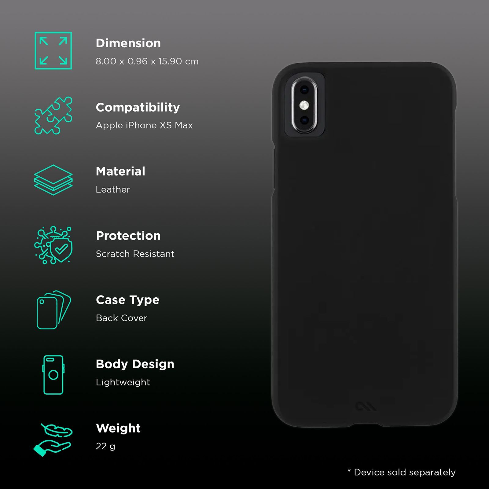 Case-Mate Premium Leather Back Cover for Apple iPhone XS Max (Wireless Charging Support, Black)_2