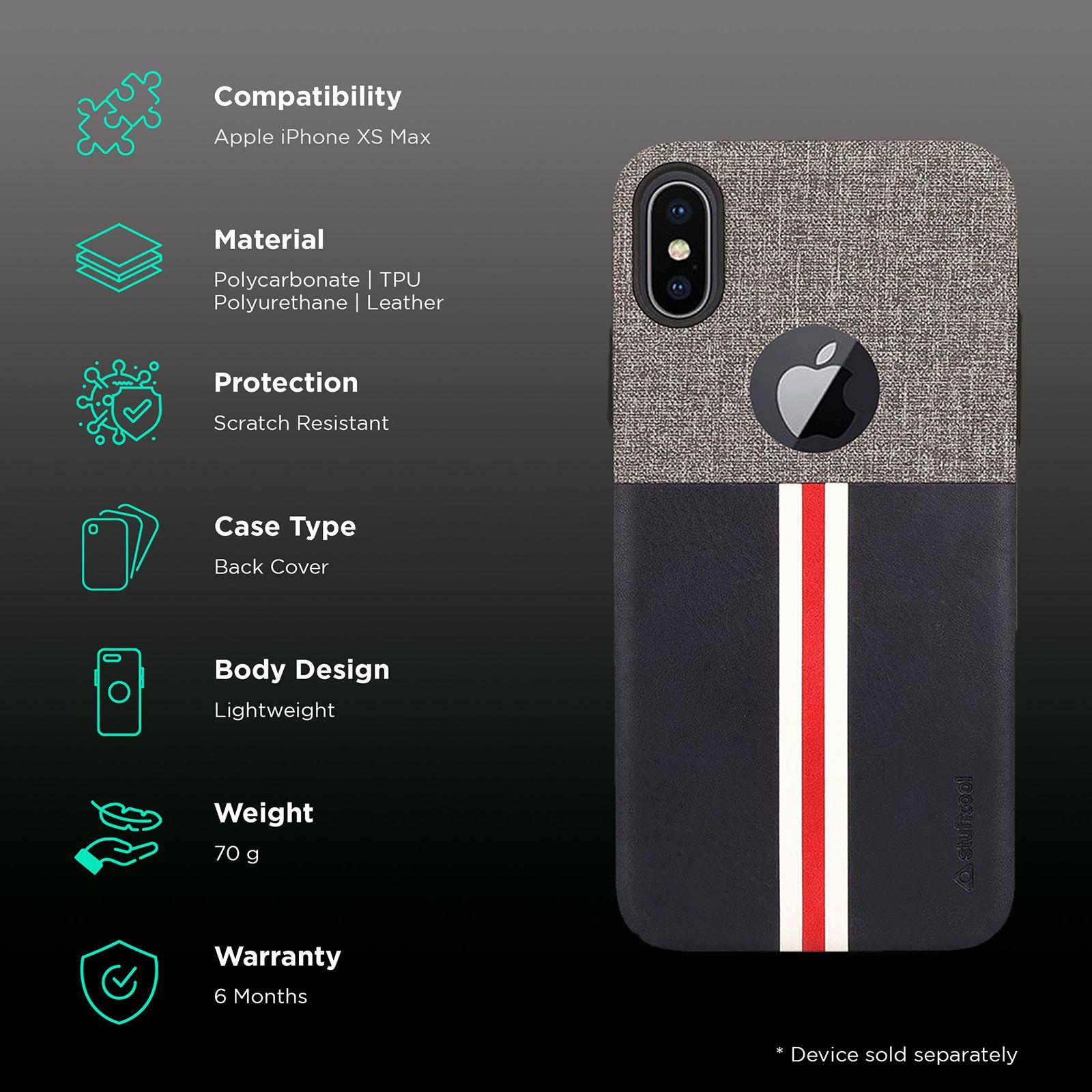 stuffcool Eto Sport PU Leather Back Cover for Apple iPhone XS Max (Camera Protection, Black and Grey)_2