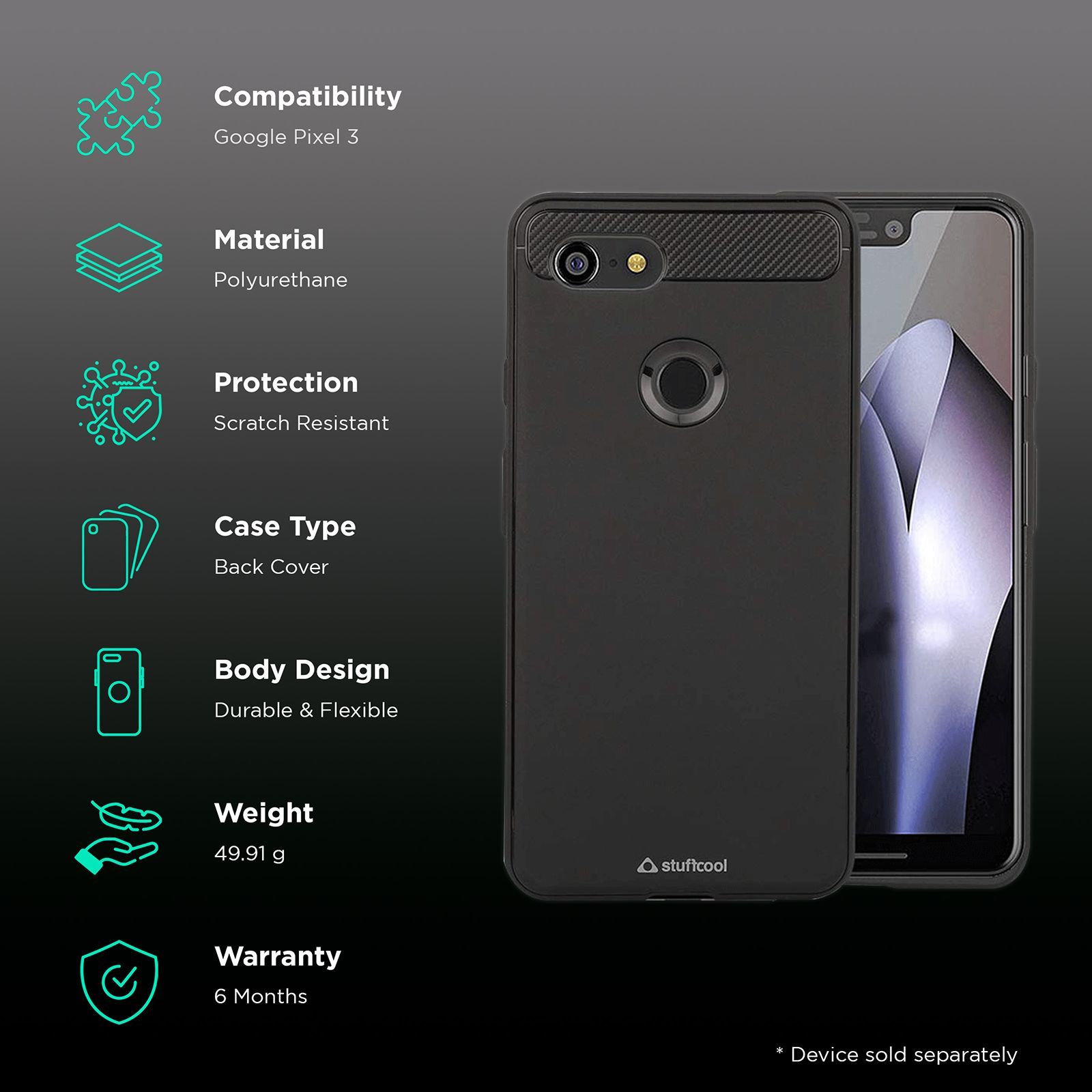 stuffcool Armour Polyurethane Back Cover for Google Pixel 3 (Camera Protection, Black)_2