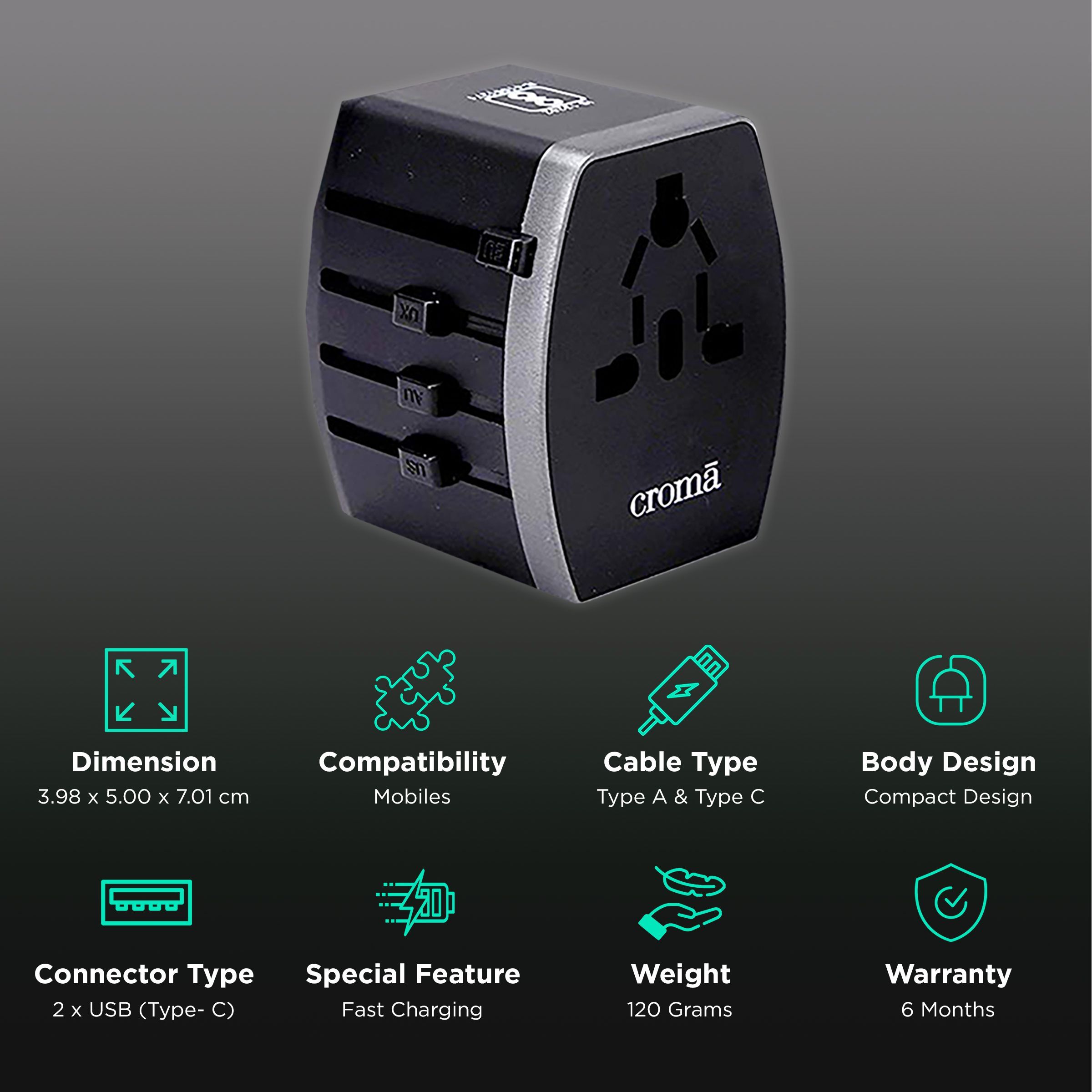 Croma Type A & Type C 4-Port Charger (Adapter Only, AC Outlet With Safety Shutter, Black)_2