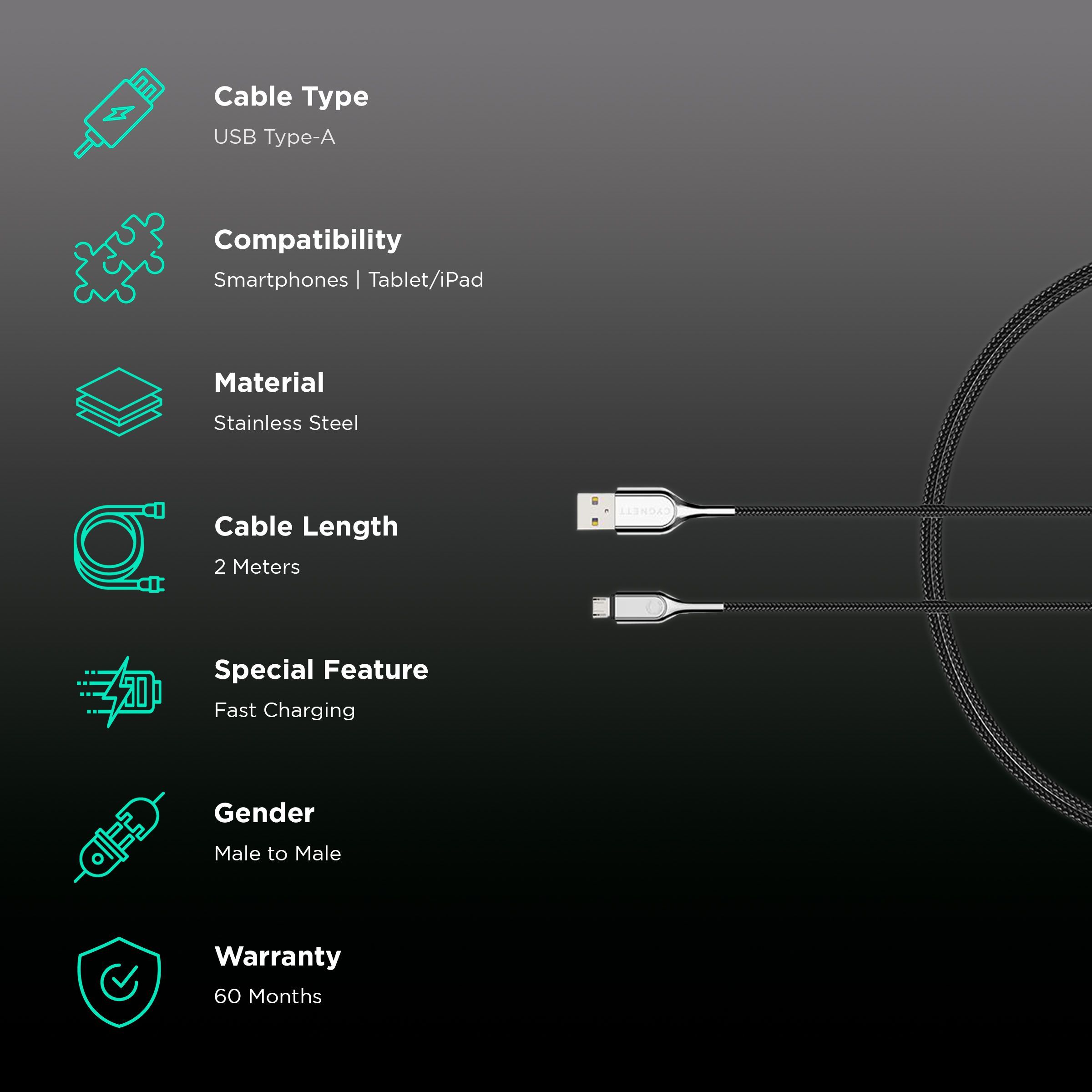 CYGNETT Armoured Type A to Micro USB 6.5 Feet (2M) Cable (Double Braided Nylon, Black)_2