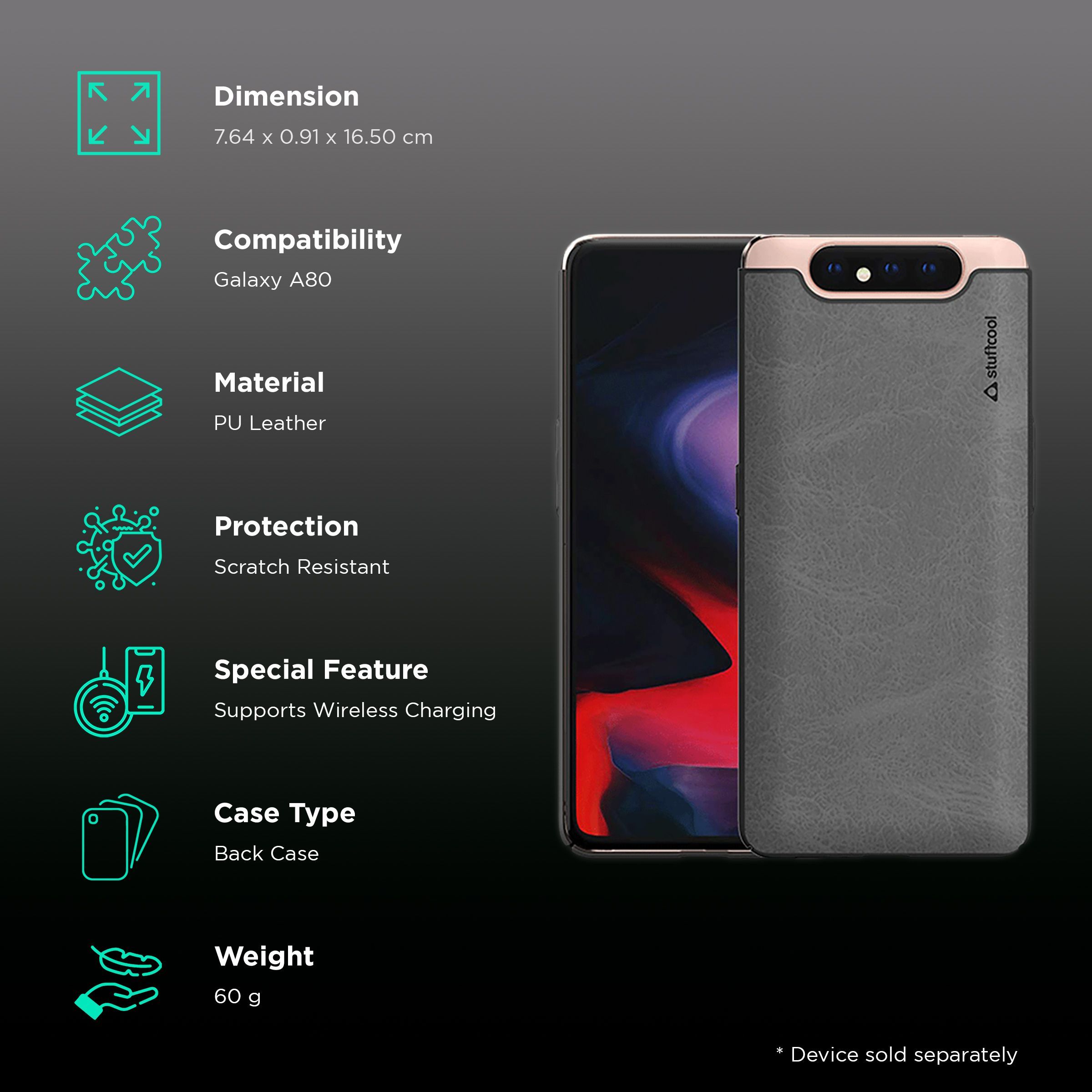 stuffcool Rego PU Leather Back Cover for SAMSUNG Galaxy A80 (Wireless Charging Compatible, Black)_2